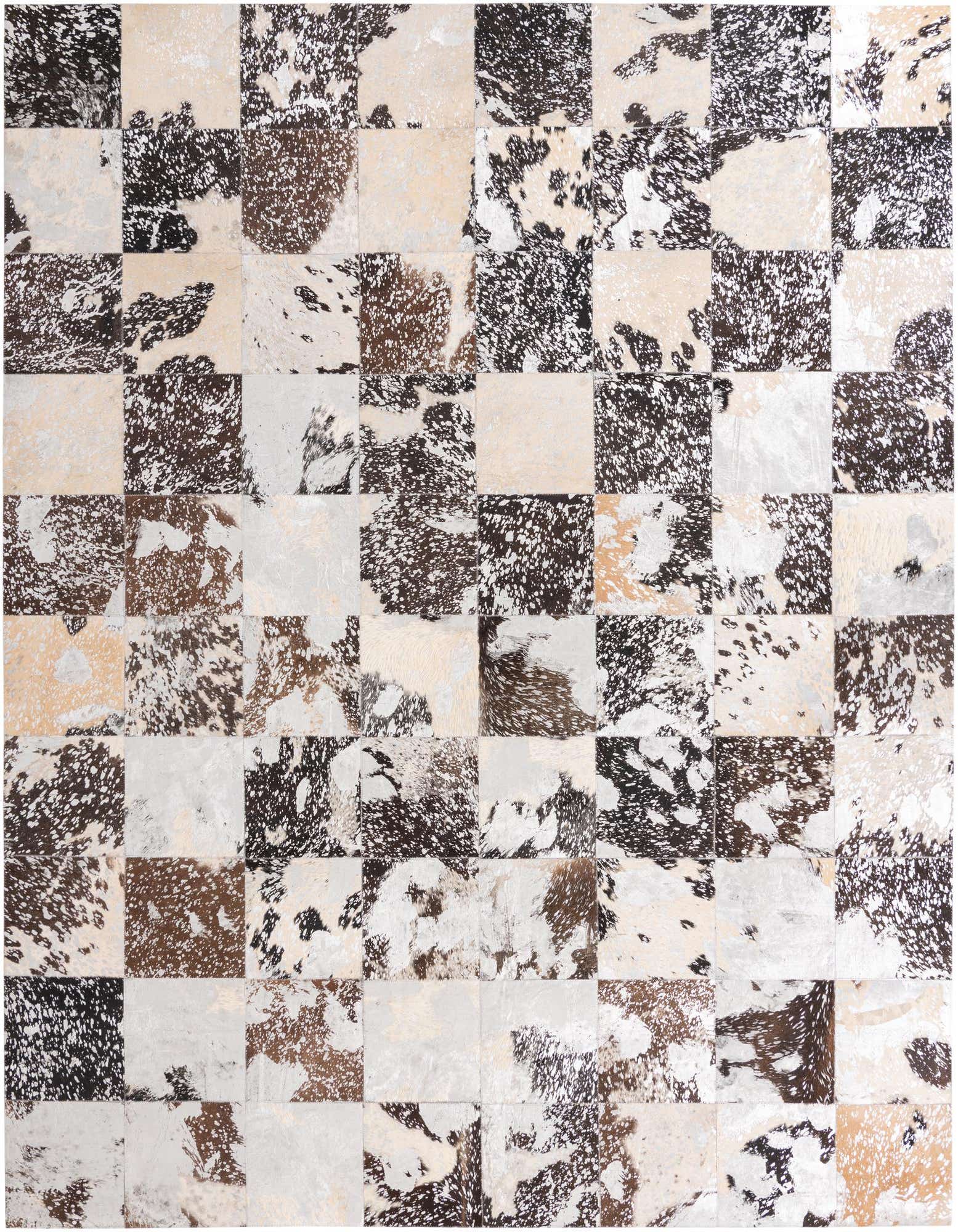 A rectangular 8x10 modern cowhide rug with a multi-colored patchwork pattern in shades of brown, black, white, and beige.