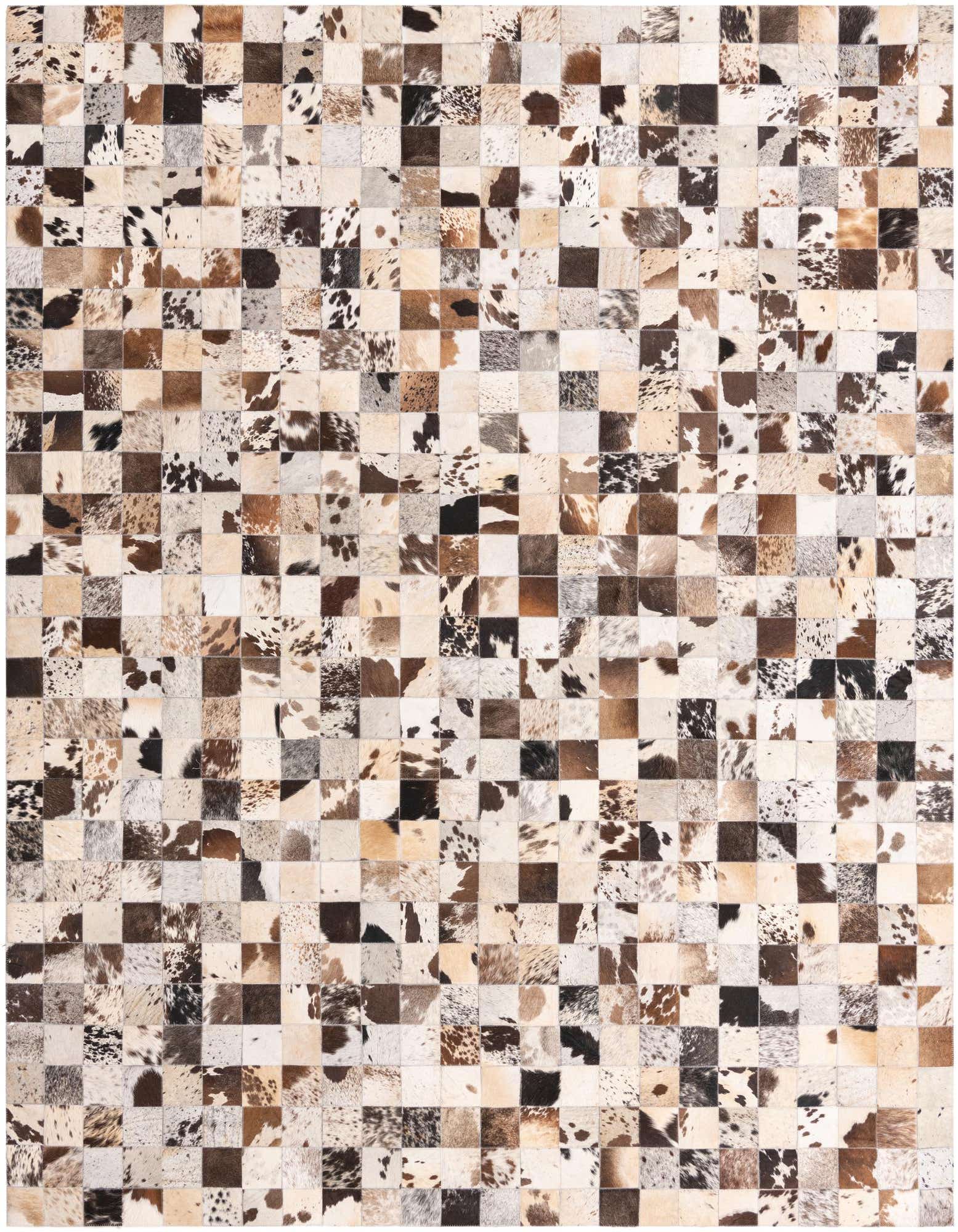 A rectangular 8x10 multi-colored cowhide rug with a modern checkered pattern, ideal for a living room.