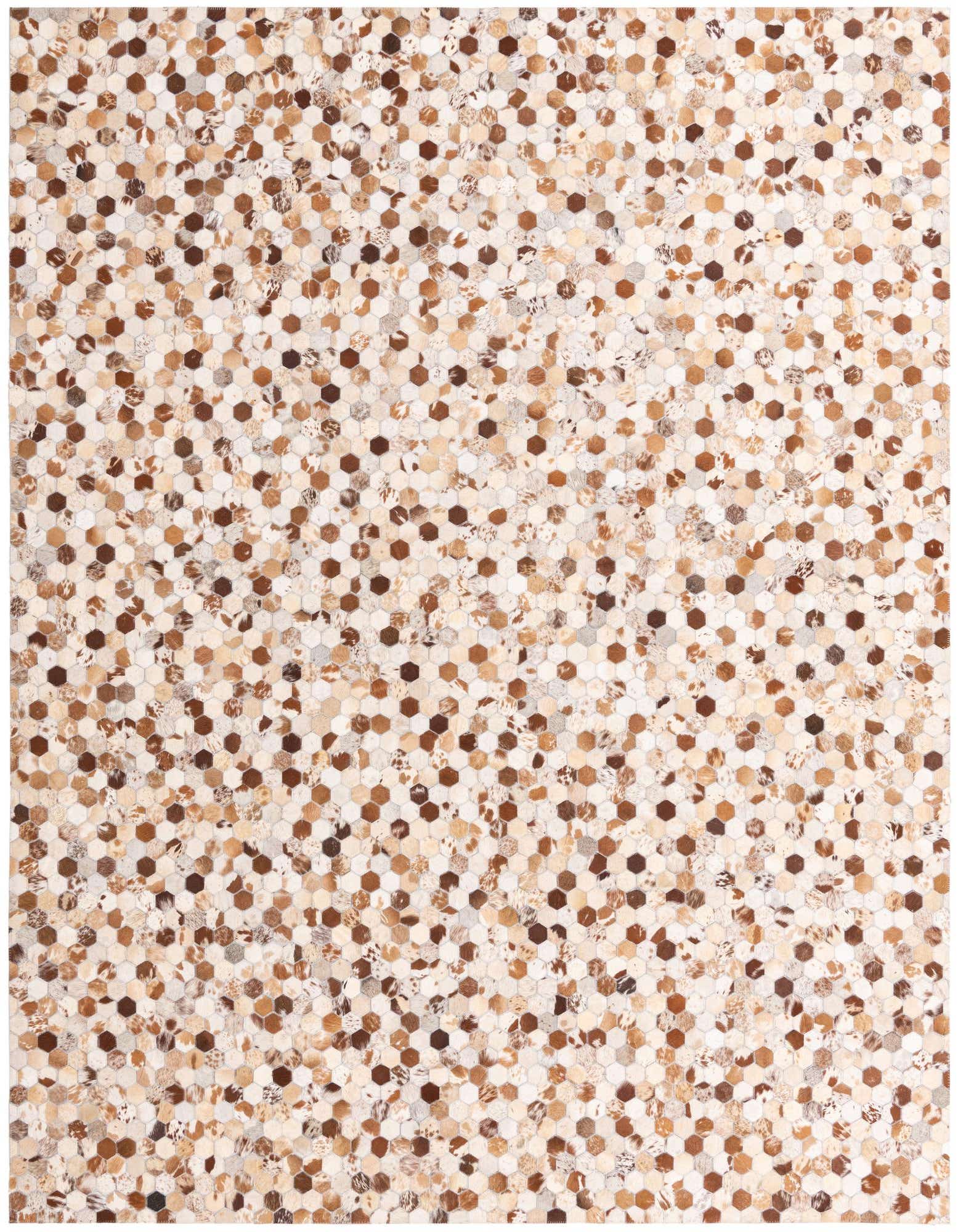 A rectangular 8x10 multi-colored modern rug made from cowhide and leather, featuring a mosaic of small hexagonal patches in various shades of brown, beige, and white, suitable for a living room.