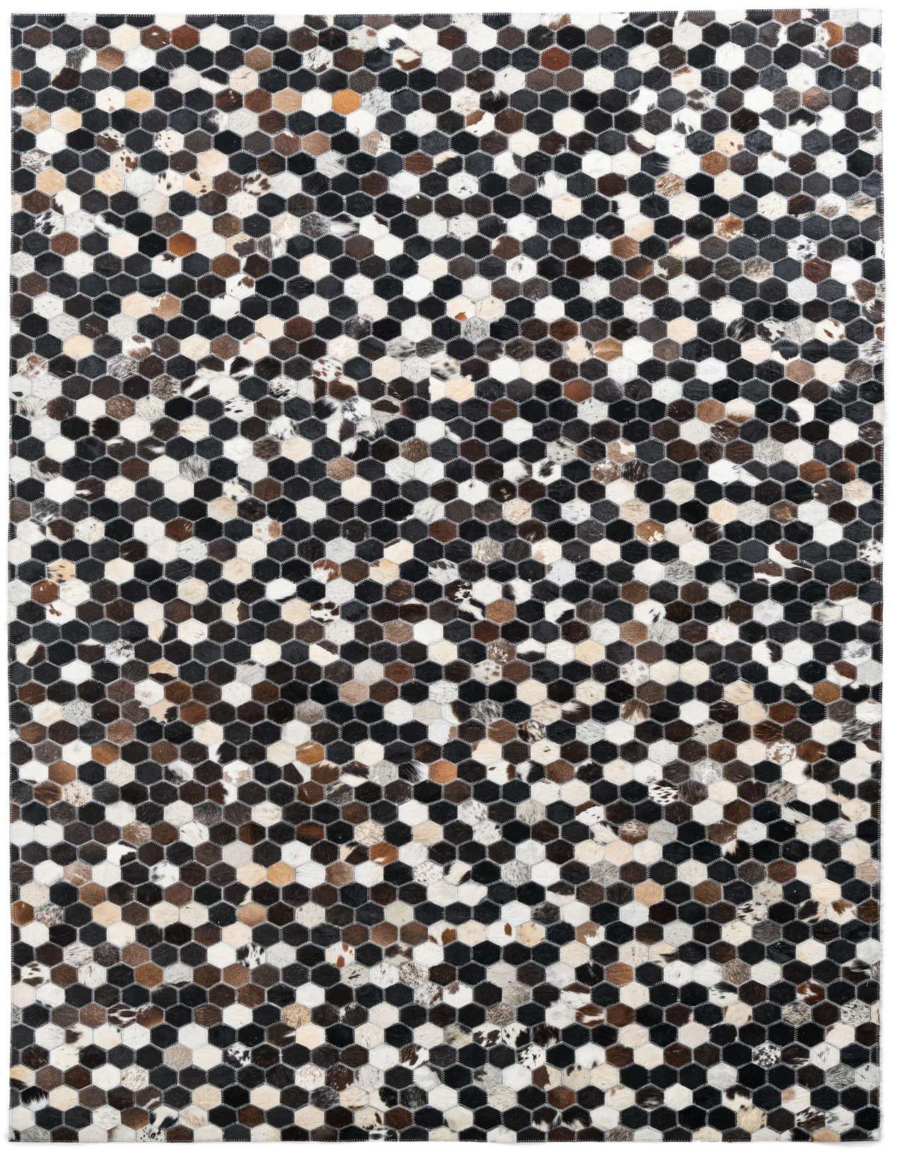 A 5x8 rectangular Cowhide Leather rug featuring a modern multi-colored hexagonal patchwork pattern in black, white, and brown tones.