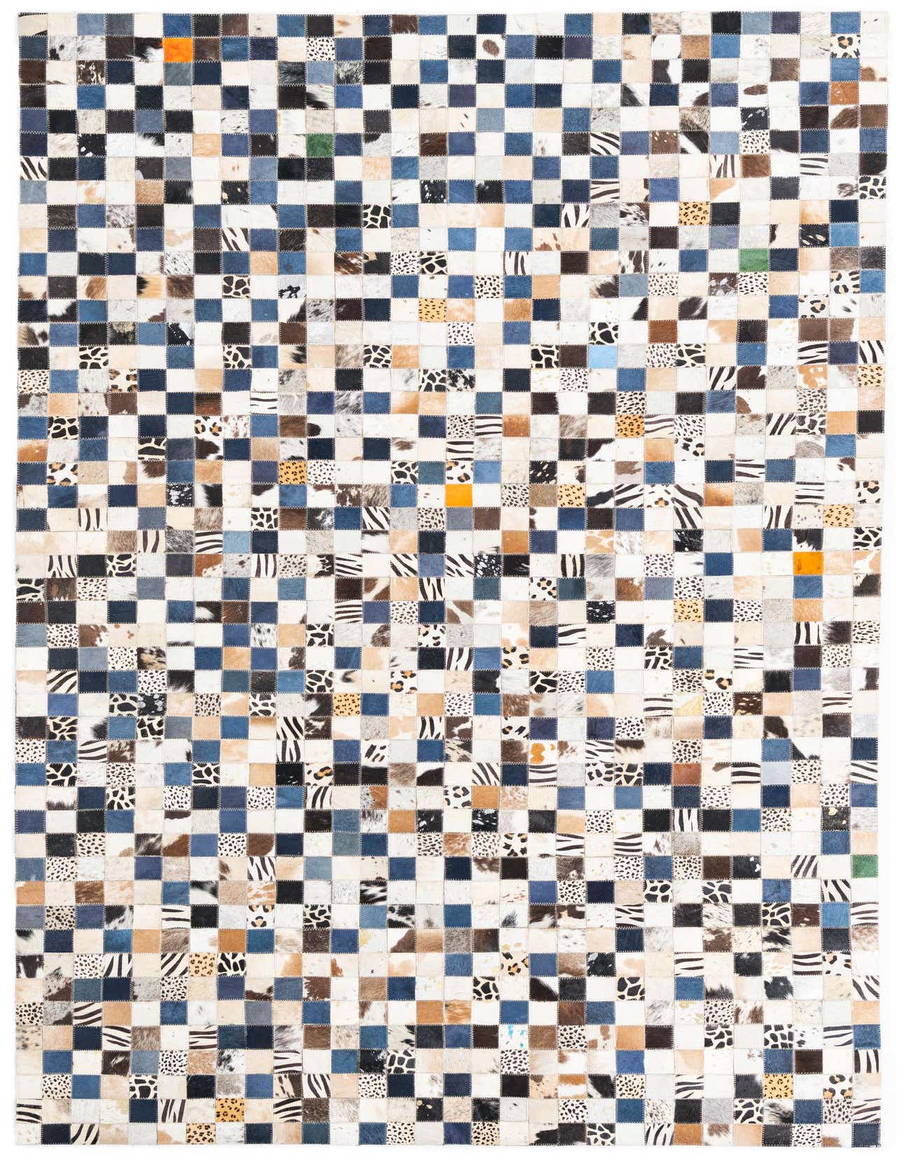 A 5x8 rectangular Cowhide Leather rug featuring a modern, abstract patchwork of multi-colored squares, including denim blue, white, brown, and various animal prints.