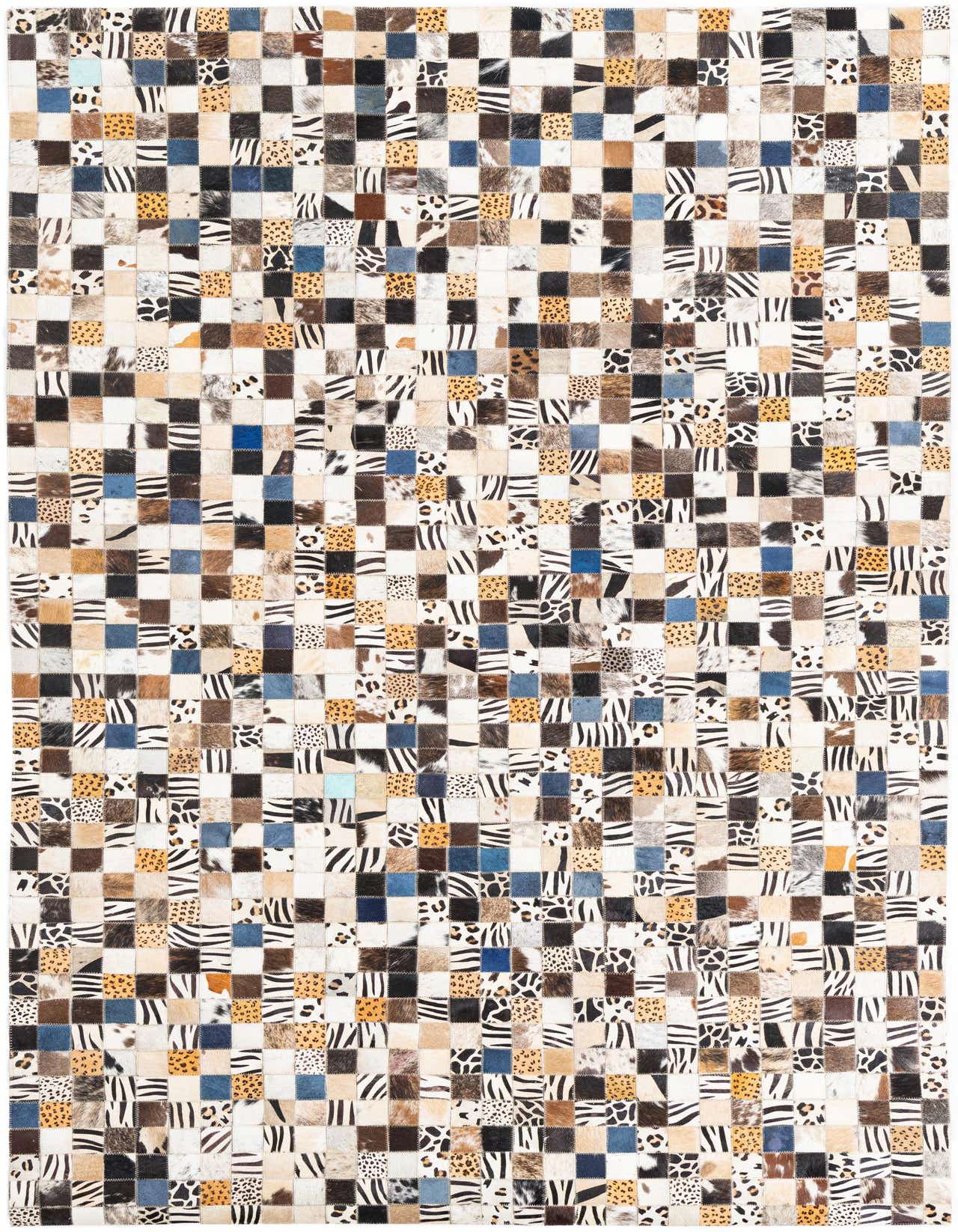 A rectangular 5x8 multi-colored modern patchwork rug made from cowhide and leather, featuring varied animal prints and solid squares.
