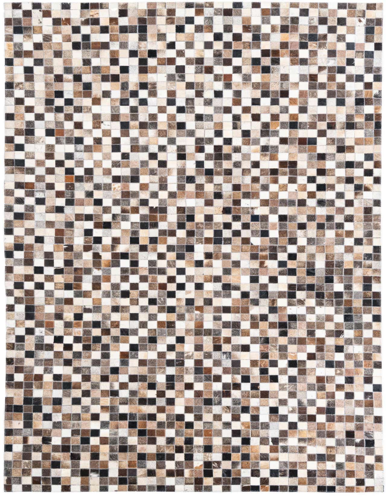 A 5x8 rectangular Cowhide Leather rug featuring a modern, abstract checkerboard pattern in multi-colored natural cowhide patches.