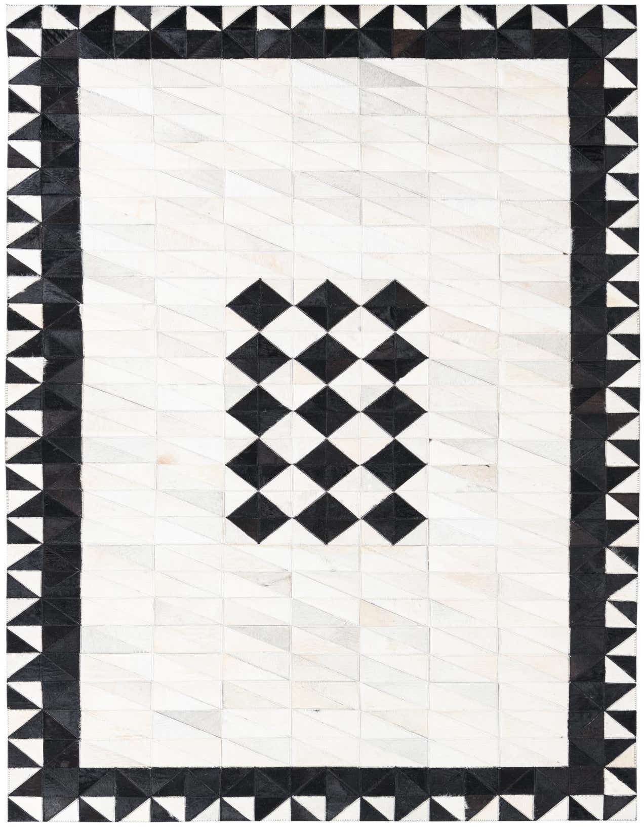 A 5x8 rectangular Cowhide Leather rug featuring a modern abstract design with a black and white geometric pattern.