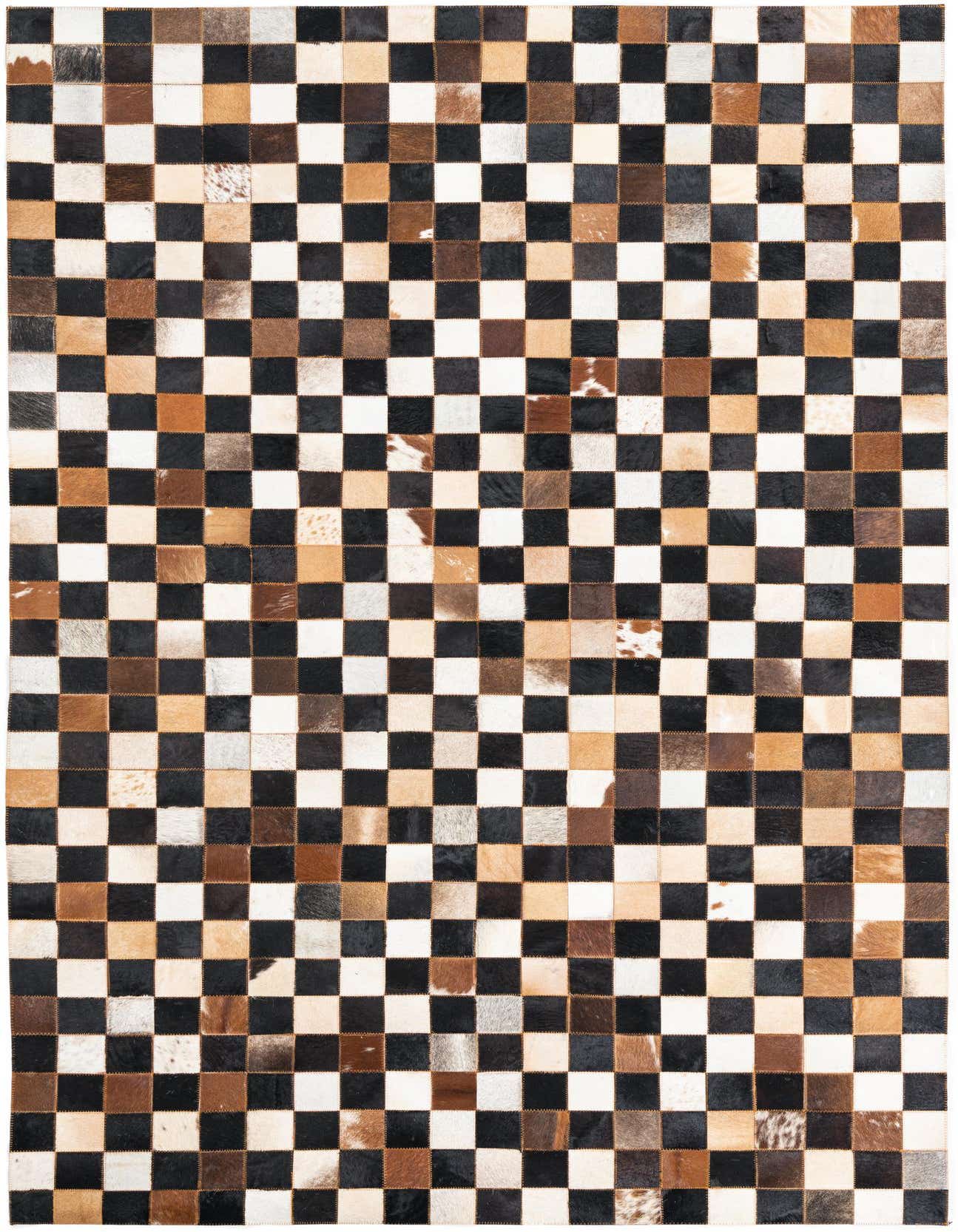 A 5x8 rectangular Cowhide Leather rug featuring a modern checkered pattern in multi-colored patches of black, white, and various brown tones.