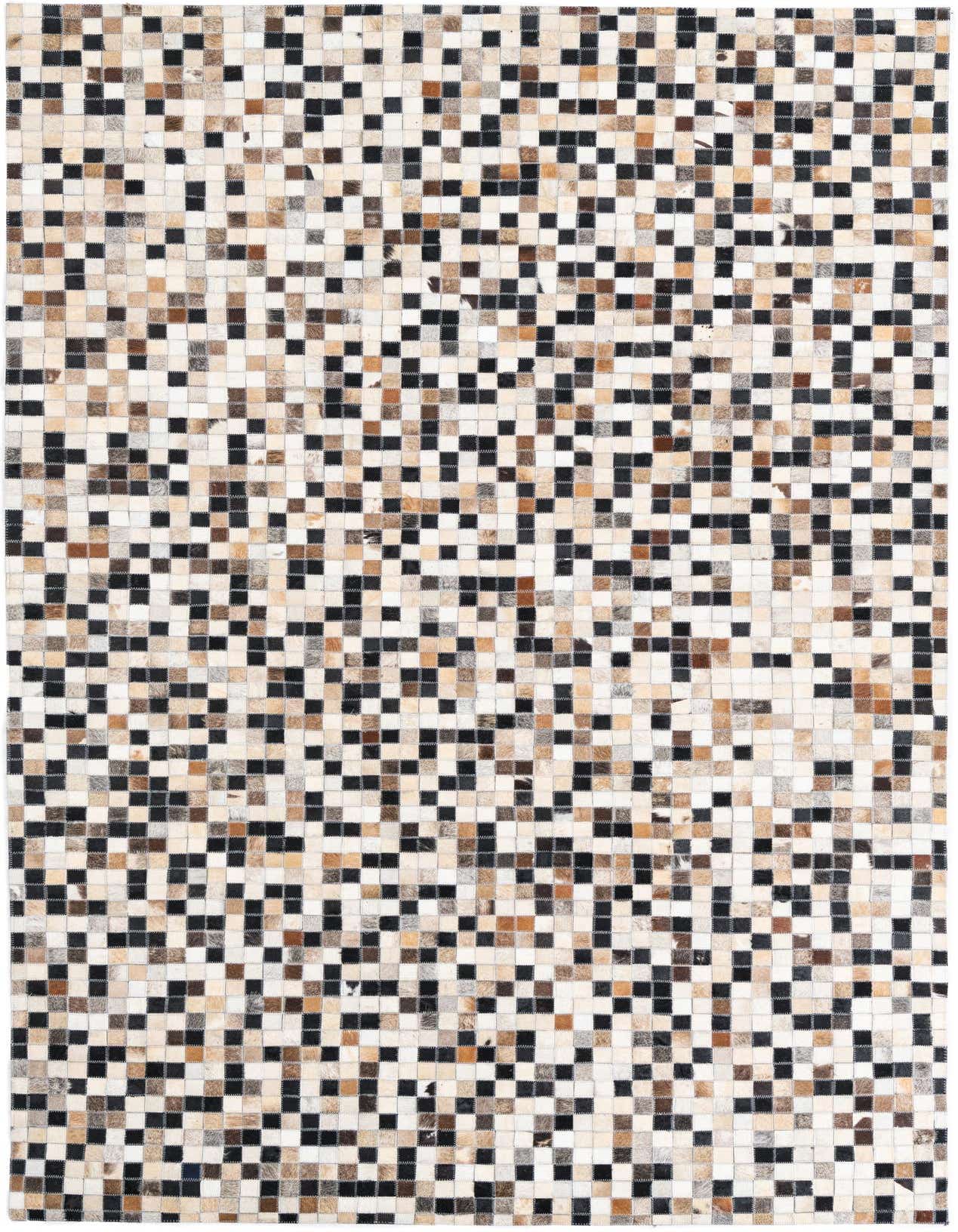 A 5x8 rectangular Cowhide Leather rug featuring a modern, abstract mosaic pattern of multi-colored squares.