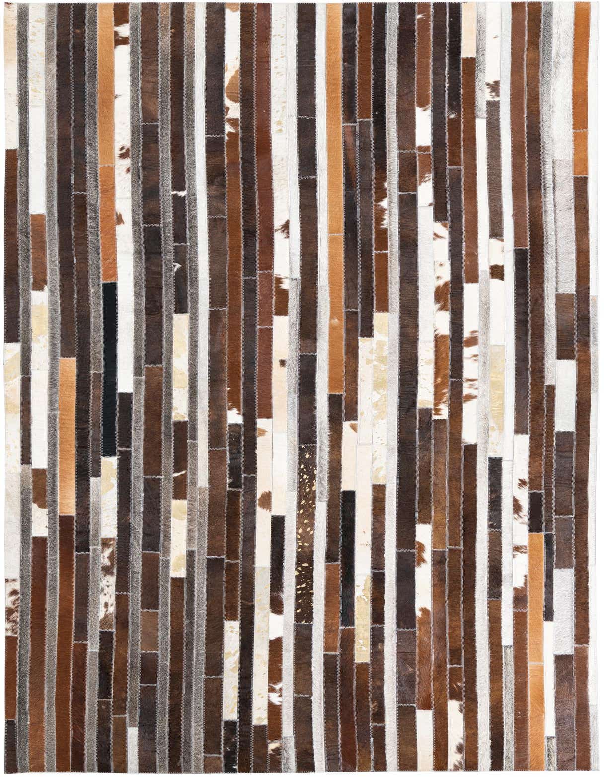 A 5x8 rectangular Cowhide Leather rug featuring a modern stripe pattern in various shades of brown, white, and black.