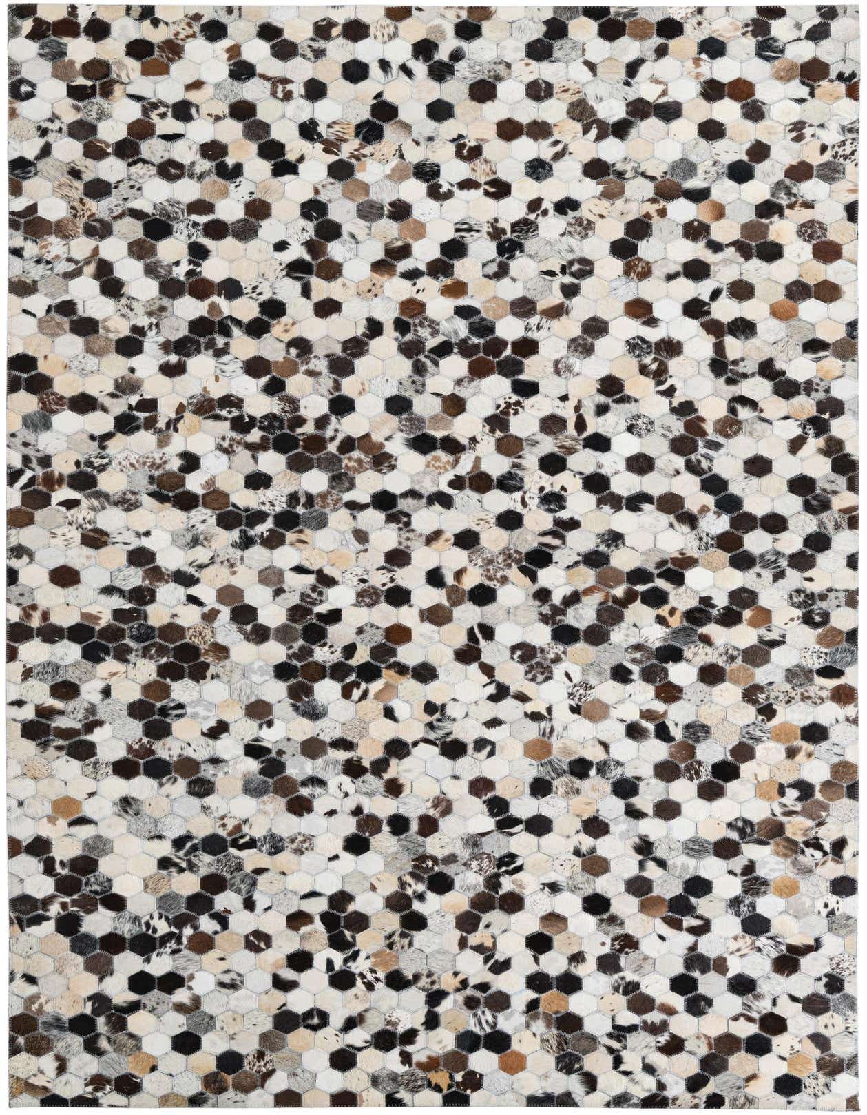 A 5x8 rectangular Cowhide Leather rug featuring a modern, abstract pattern of multi-colored hexagonal patches.