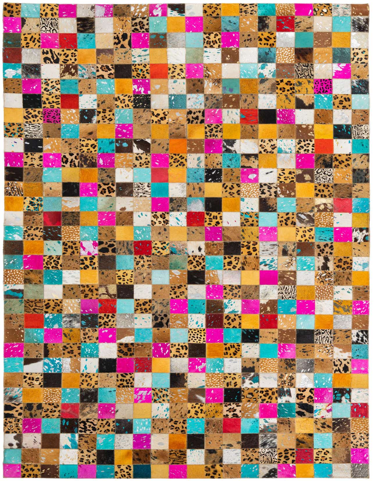 A vibrant 5x8 rectangular cowhide rug featuring a patchwork of multi-colored squares, animal prints, and solid bright hues.