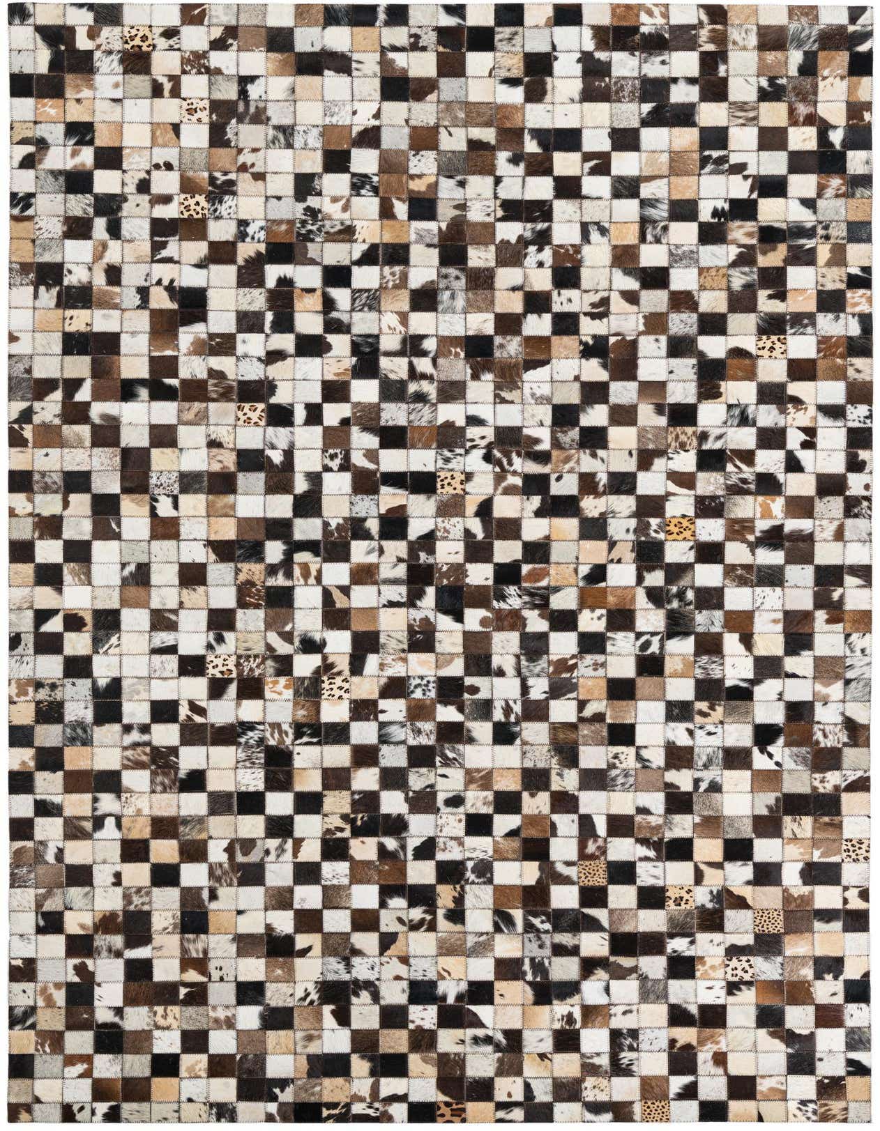 A rectangular 5x8 multi-colored cowhide and leather rug featuring a modern, abstract checkerboard pattern in various natural hide tones.