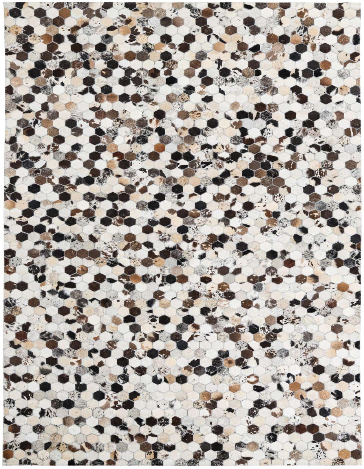 A 5x8 rectangular Cowhide Leather rug featuring a modern, abstract pattern of multi-colored hexagonal patches in varying shades of brown, black, and white.