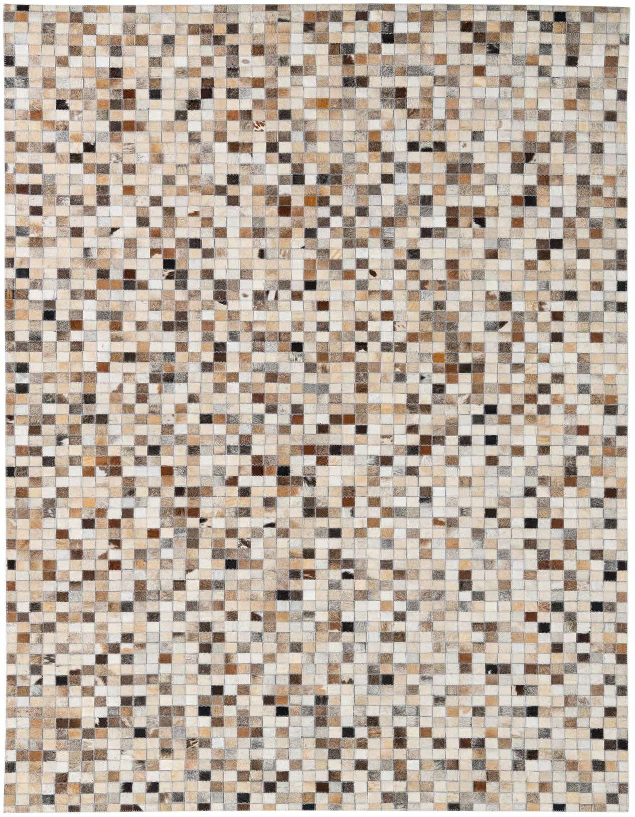 A rectangular 5x8 modern area rug made from multi-colored cowhide and leather patches, perfect for a living room.