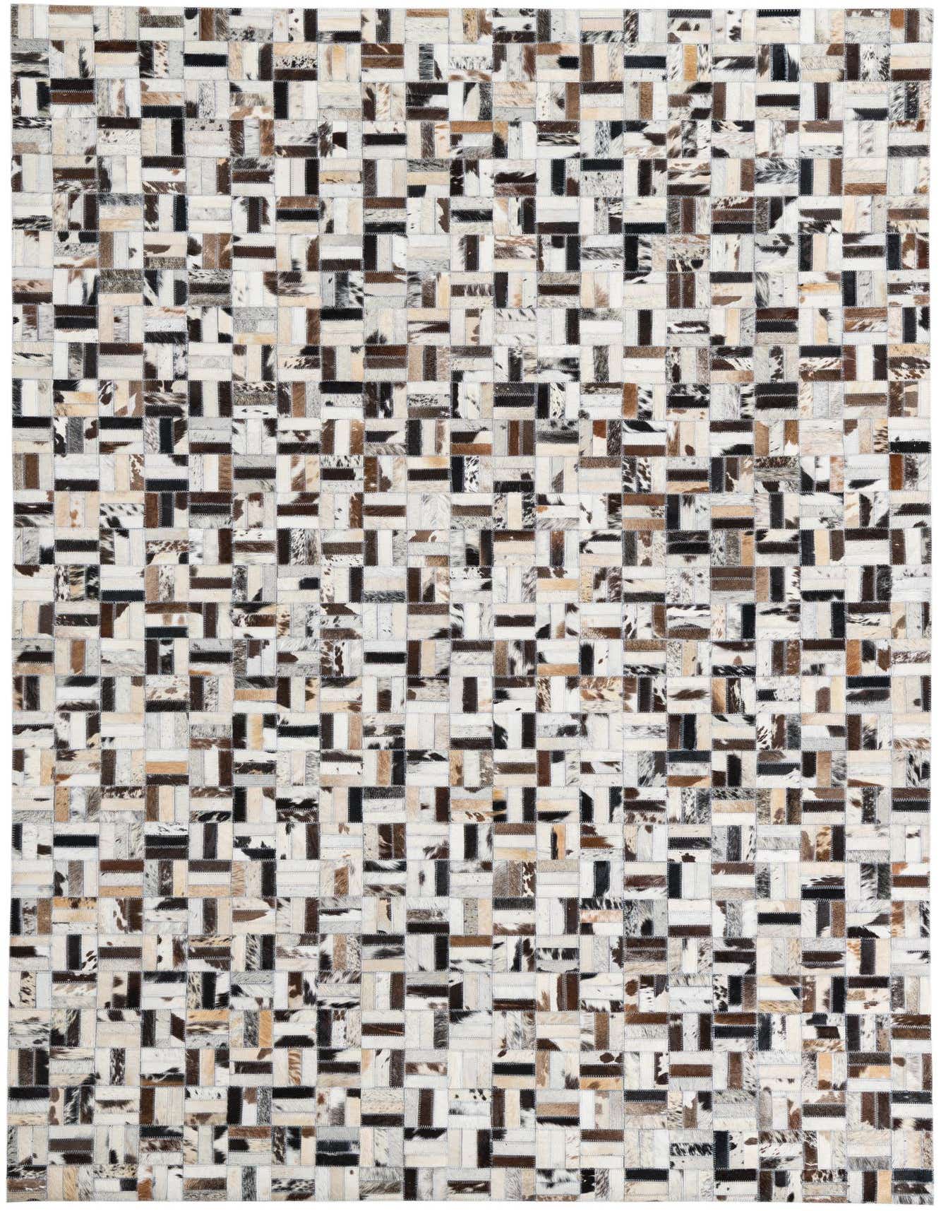 A 5x8 rectangular Cowhide Leather rug featuring a modern, abstract patchwork design in multi-colored natural cowhide.