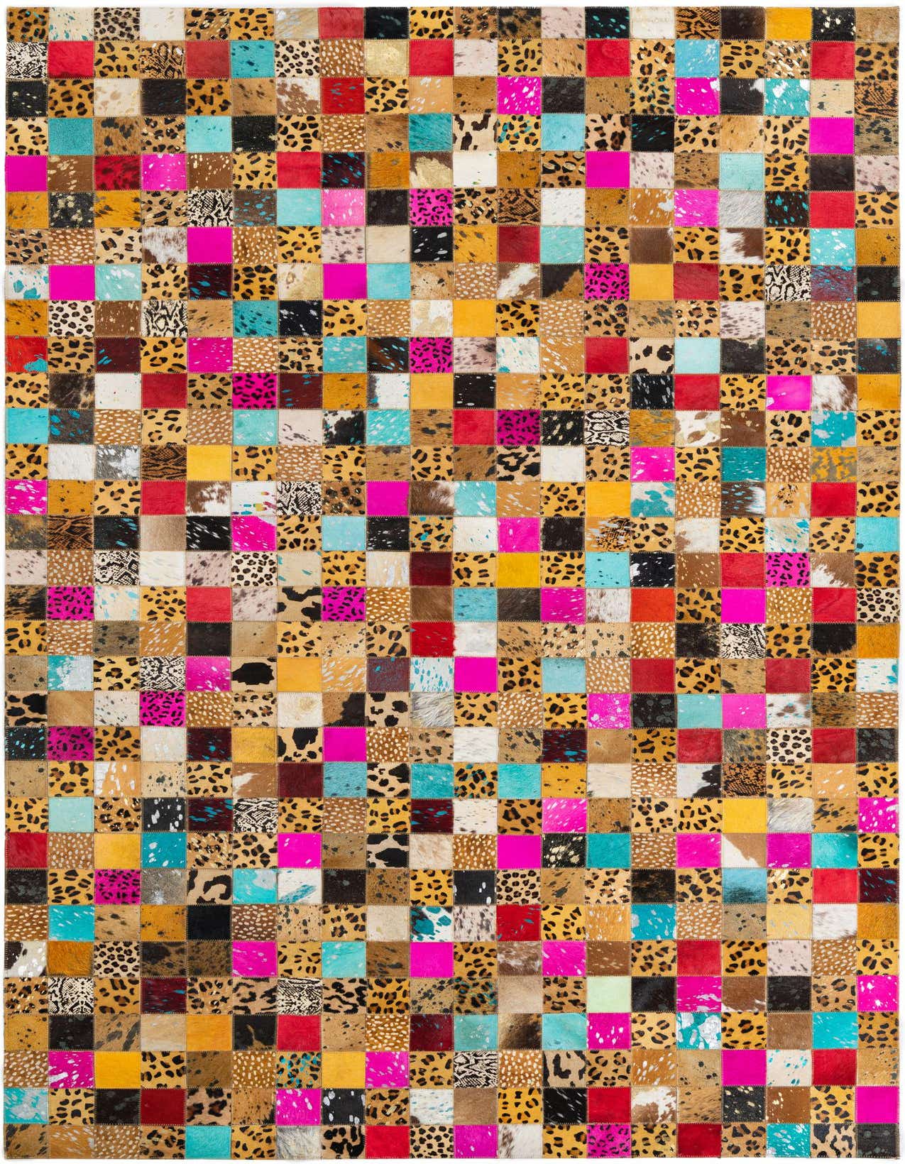 A vibrant 5x8 rectangular patchwork rug made from multi-colored cowhide and leather squares, featuring various animal prints and solid bright colors like fuchsia, teal, and red.