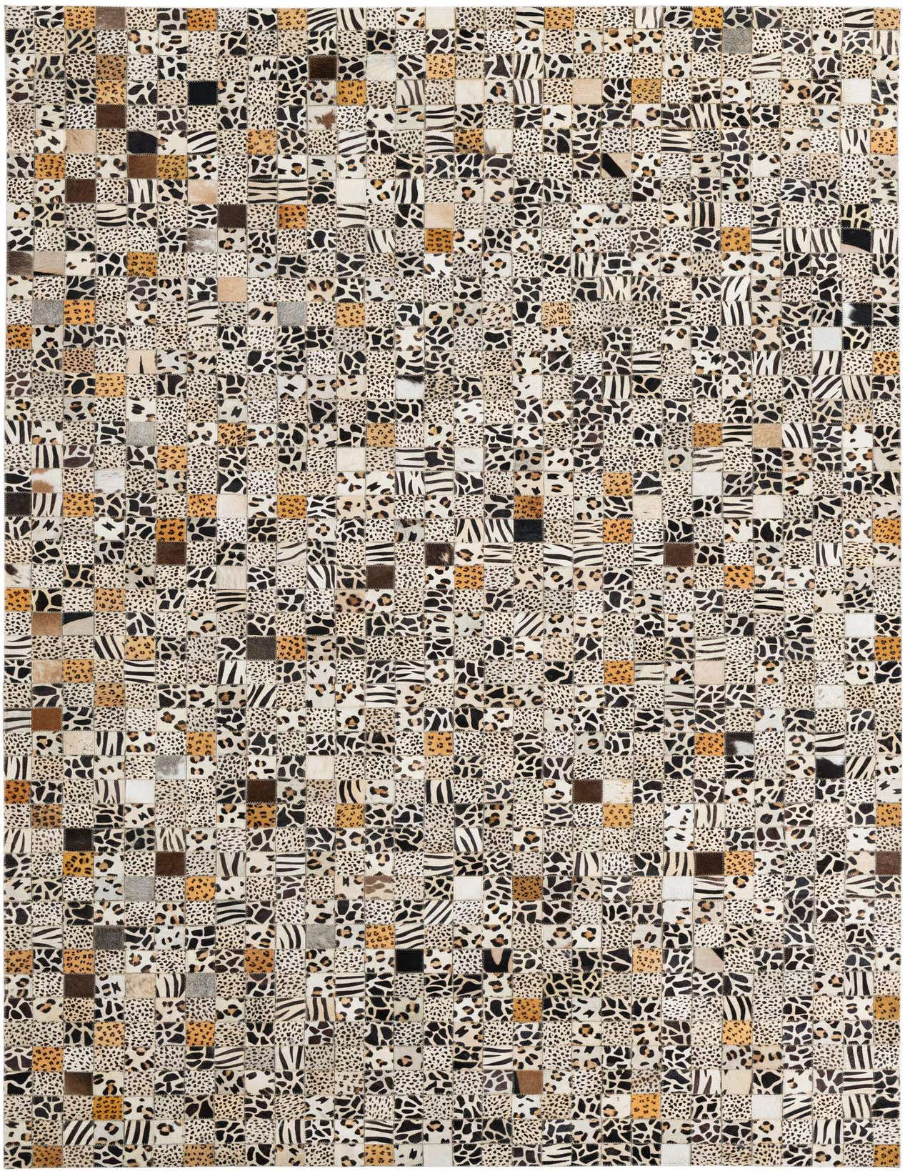 A rectangular 5x8 multi-colored cowhide and leather rug featuring a modern abstract patchwork of various animal prints like leopard, zebra, and giraffe.