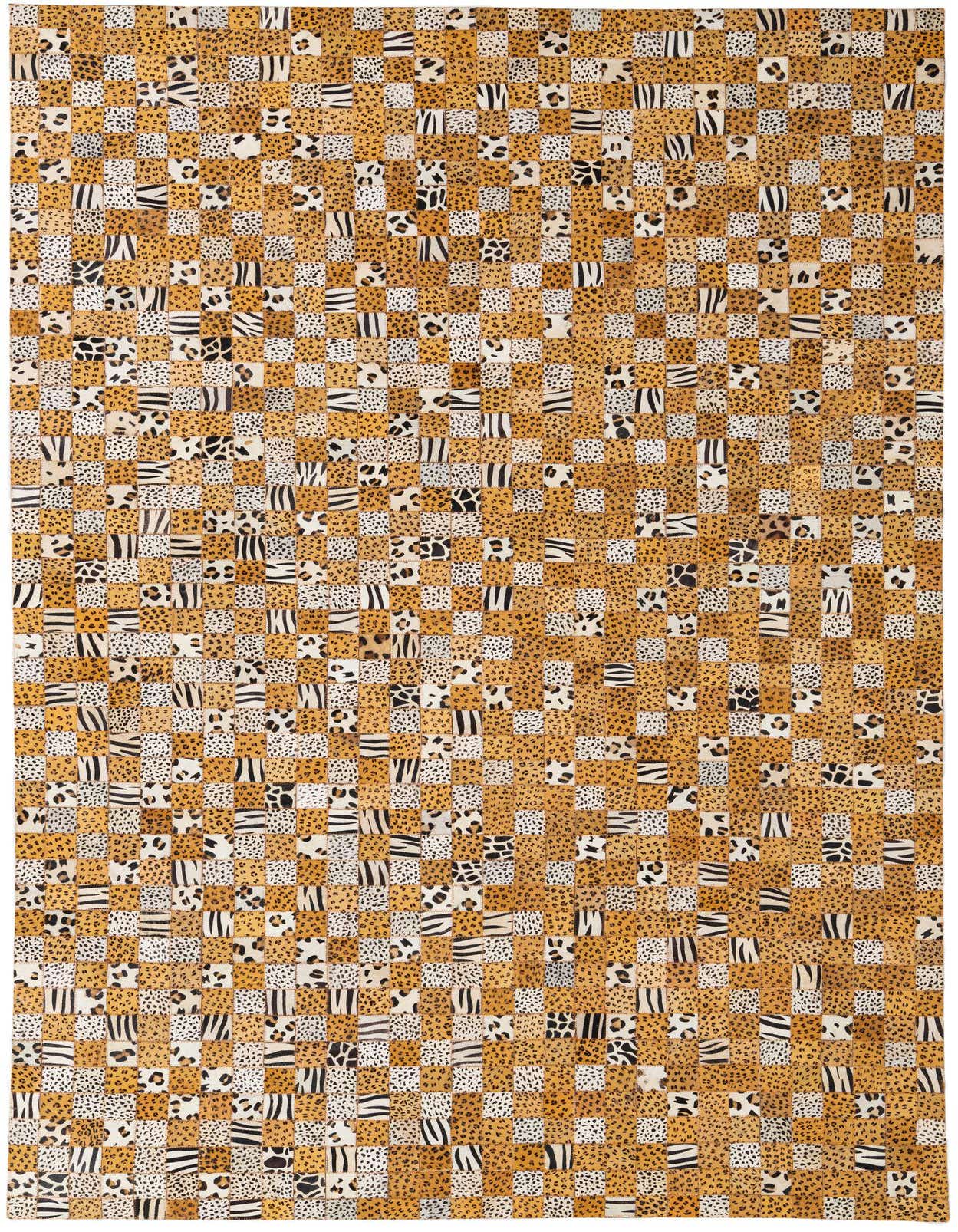 A 5x8 rectangular Cowhide Leather rug featuring a modern, multi-colored checkerboard pattern of leopard and zebra print squares.