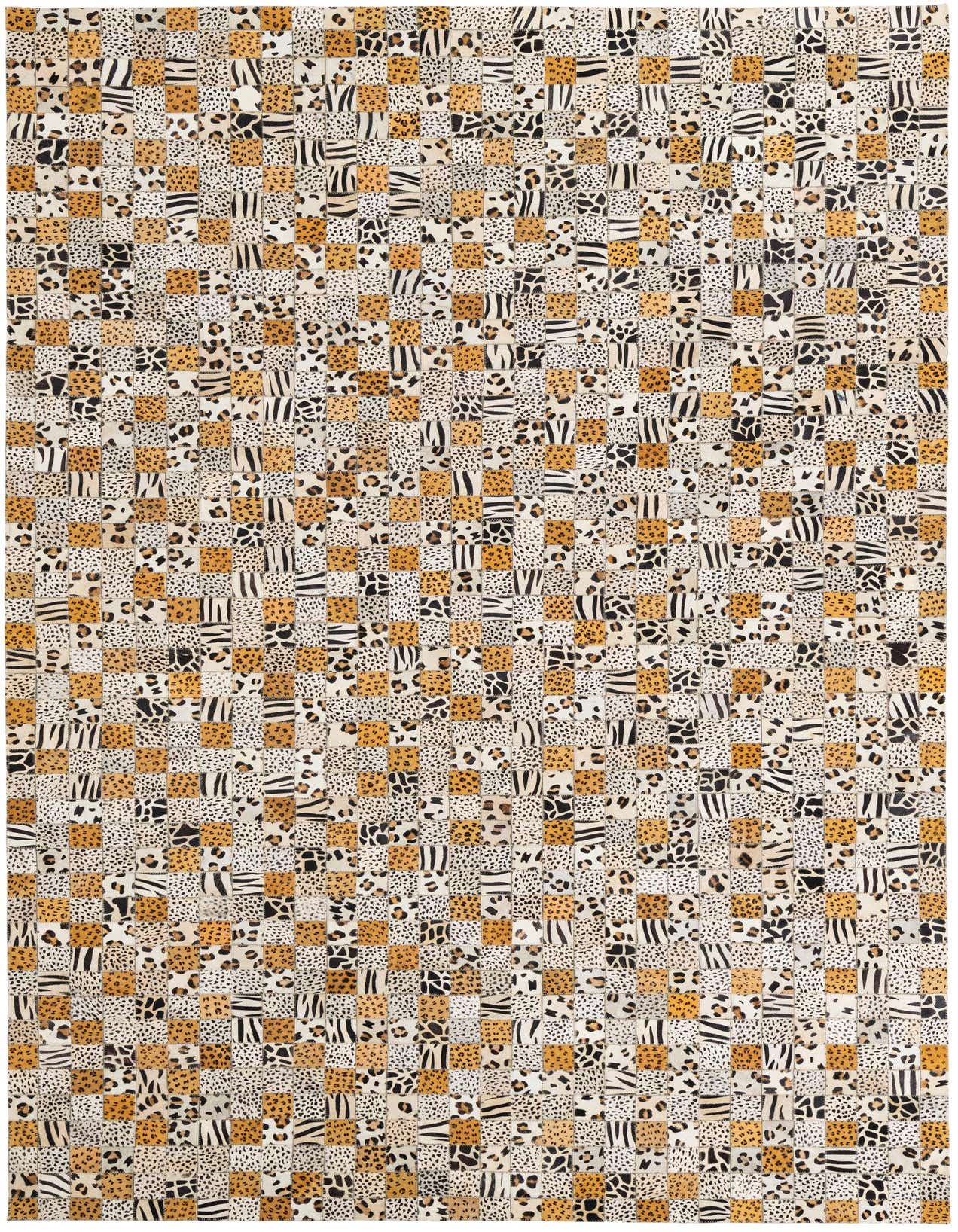 A 5x8 rectangular Cowhide Leather rug featuring a modern patchwork of multi-colored animal prints, including leopard, cheetah, and zebra patterns.