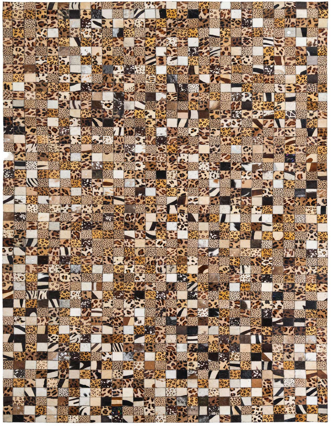 A 5x8 rectangular Cowhide Leather rug featuring a modern patchwork of multi-colored animal prints, including leopard and zebra patterns, suitable for an indoor living space.