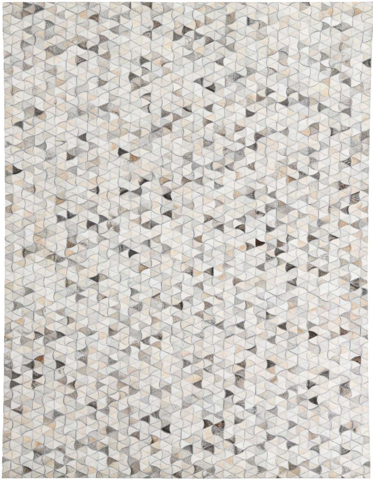 A 5x8 rectangular Cowhide Leather rug featuring a modern, abstract pattern of multi-colored triangular and scalloped shapes in shades of grey, beige, and white.