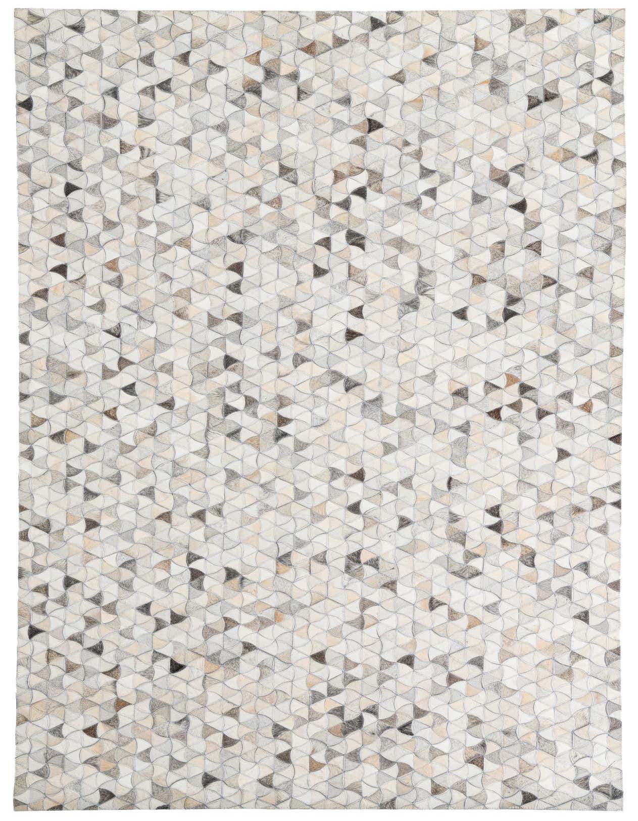 A 5x8 rectangular Cowhide Leather rug featuring a modern, abstract pattern of multi-colored geometric shapes.