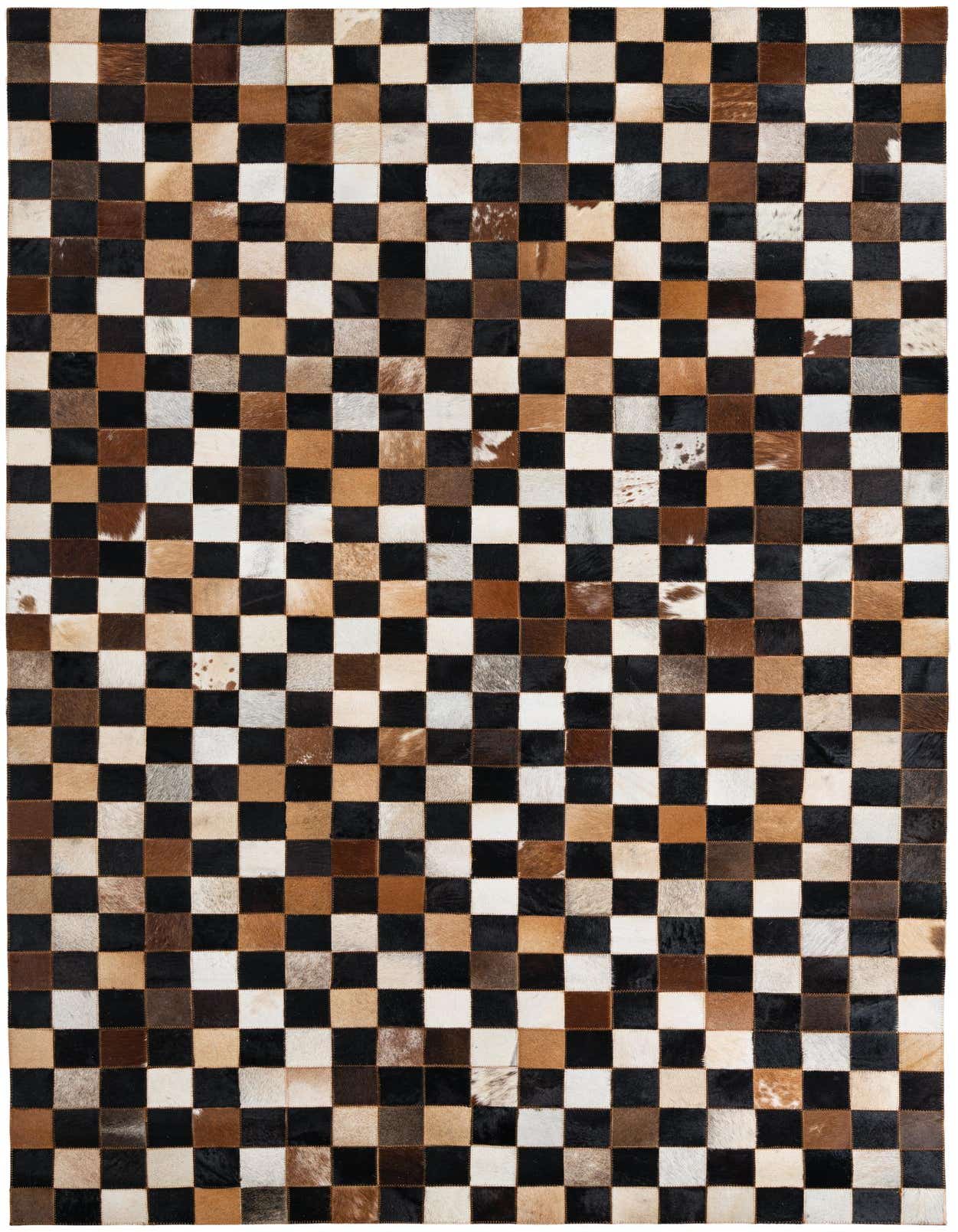A 5x8 rectangular Cowhide Leather rug featuring a modern checkered pattern in black, white, and various shades of brown.