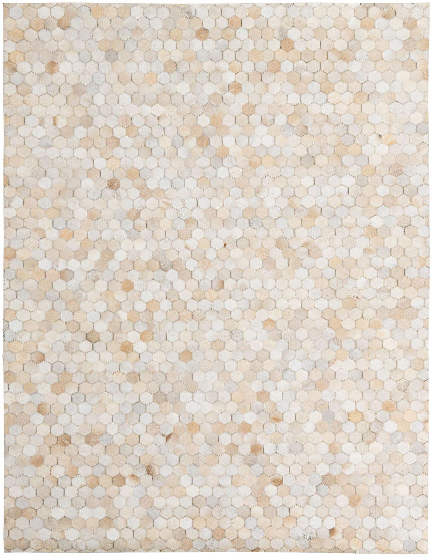 A 5x8 rectangular Cowhide Leather rug featuring a modern abstract pattern of multi-colored hexagonal patches in varying shades of beige, cream, and light brown.