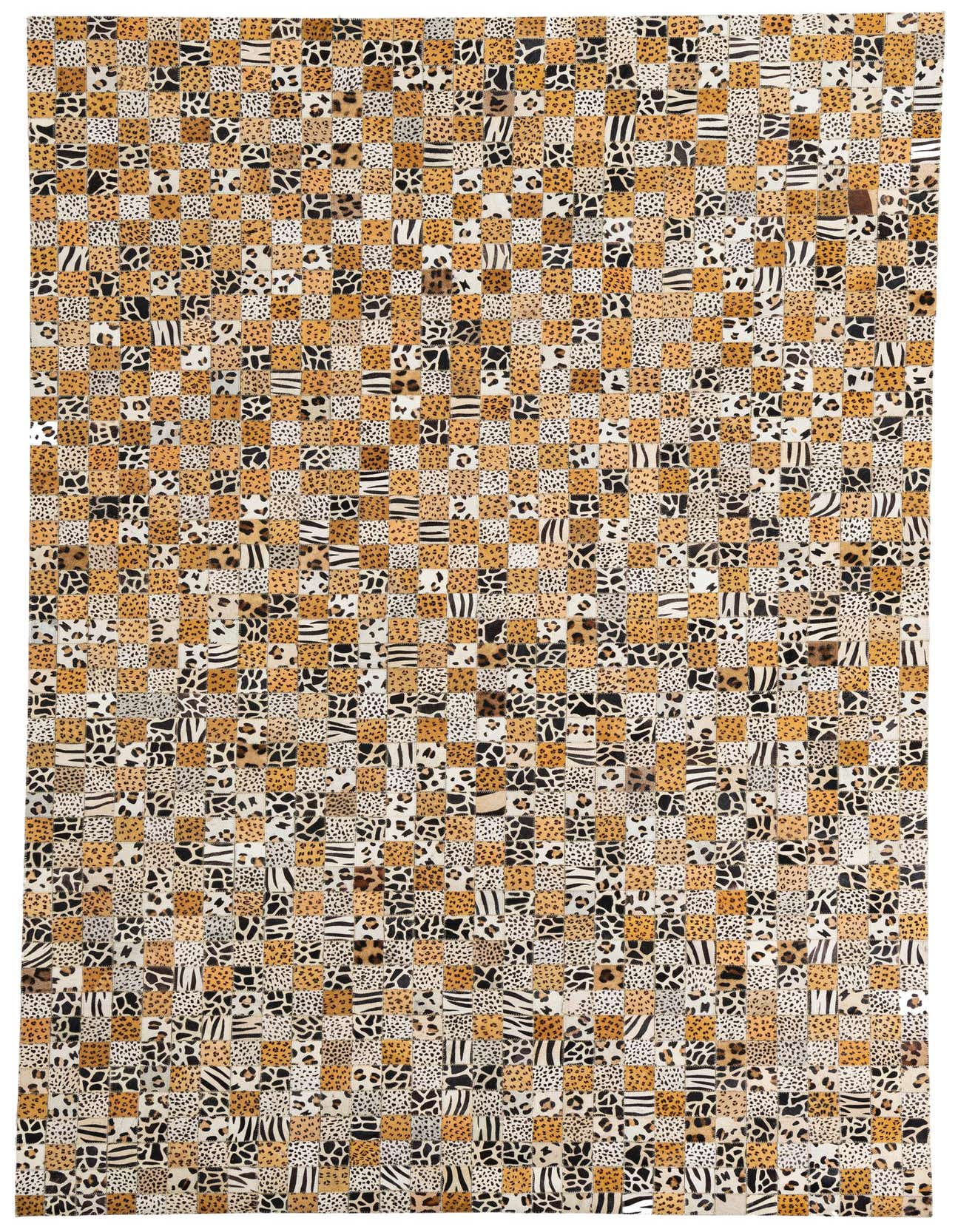 A 5x8 rectangular rug featuring a modern patchwork of multi-colored cowhide and leather, with various animal print patterns like leopard, cheetah, and zebra stripes.