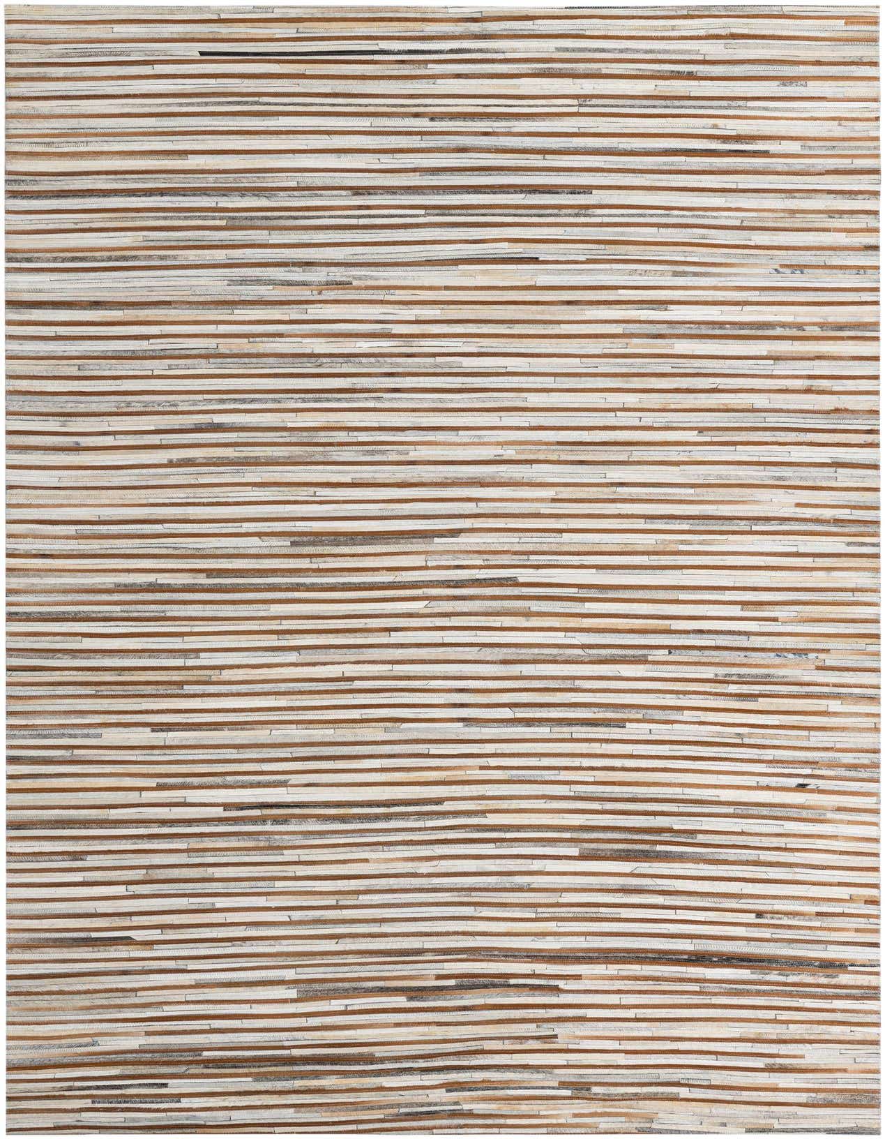 A 5x8 rectangular Cowhide Leather rug featuring horizontal strips of multi-colored cowhide in various natural tones.