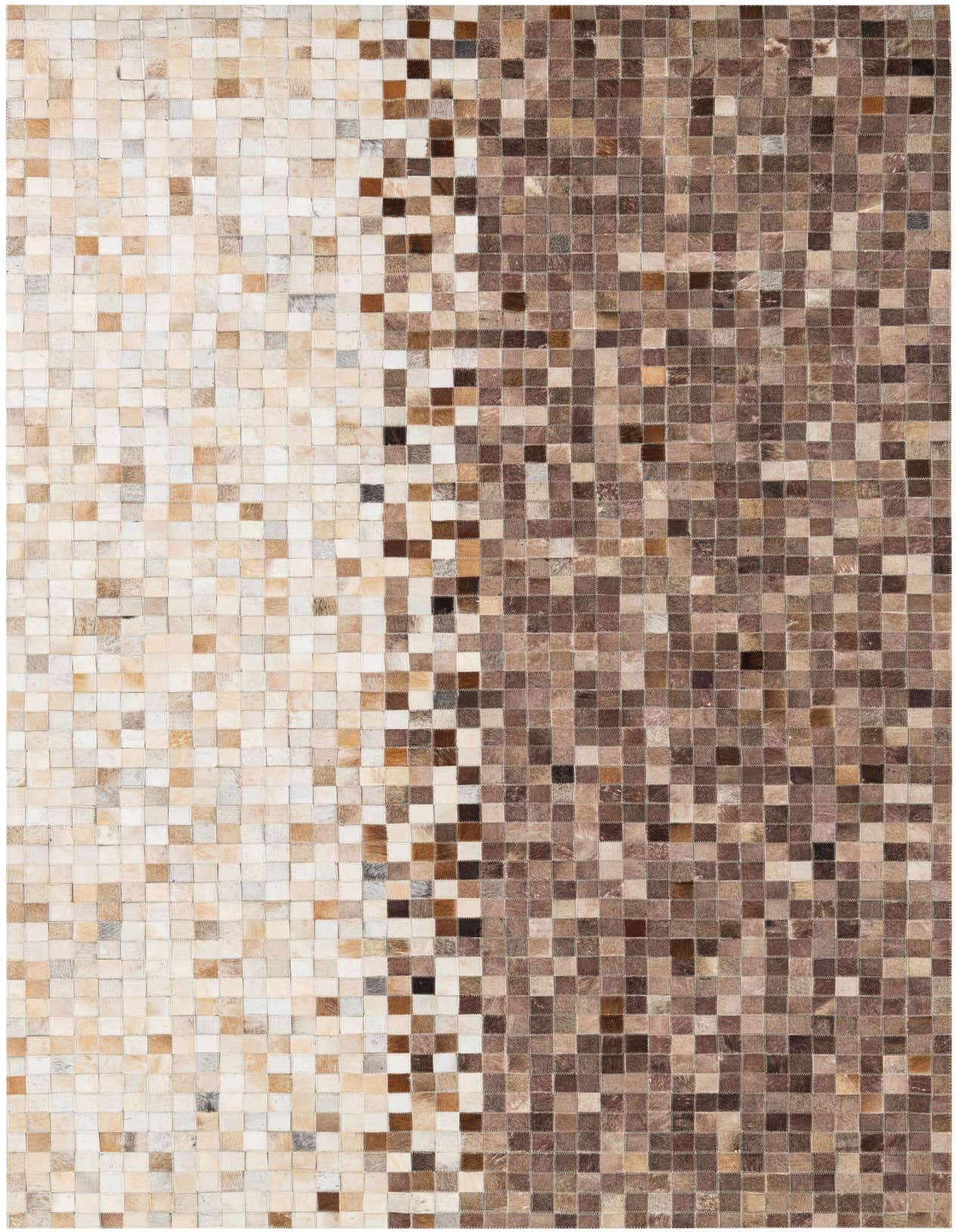 A 5x8 rectangular Cowhide Leather rug featuring a modern, abstract pattern of small multi-colored squares, transitioning from lighter tones on the left to darker browns on the right.