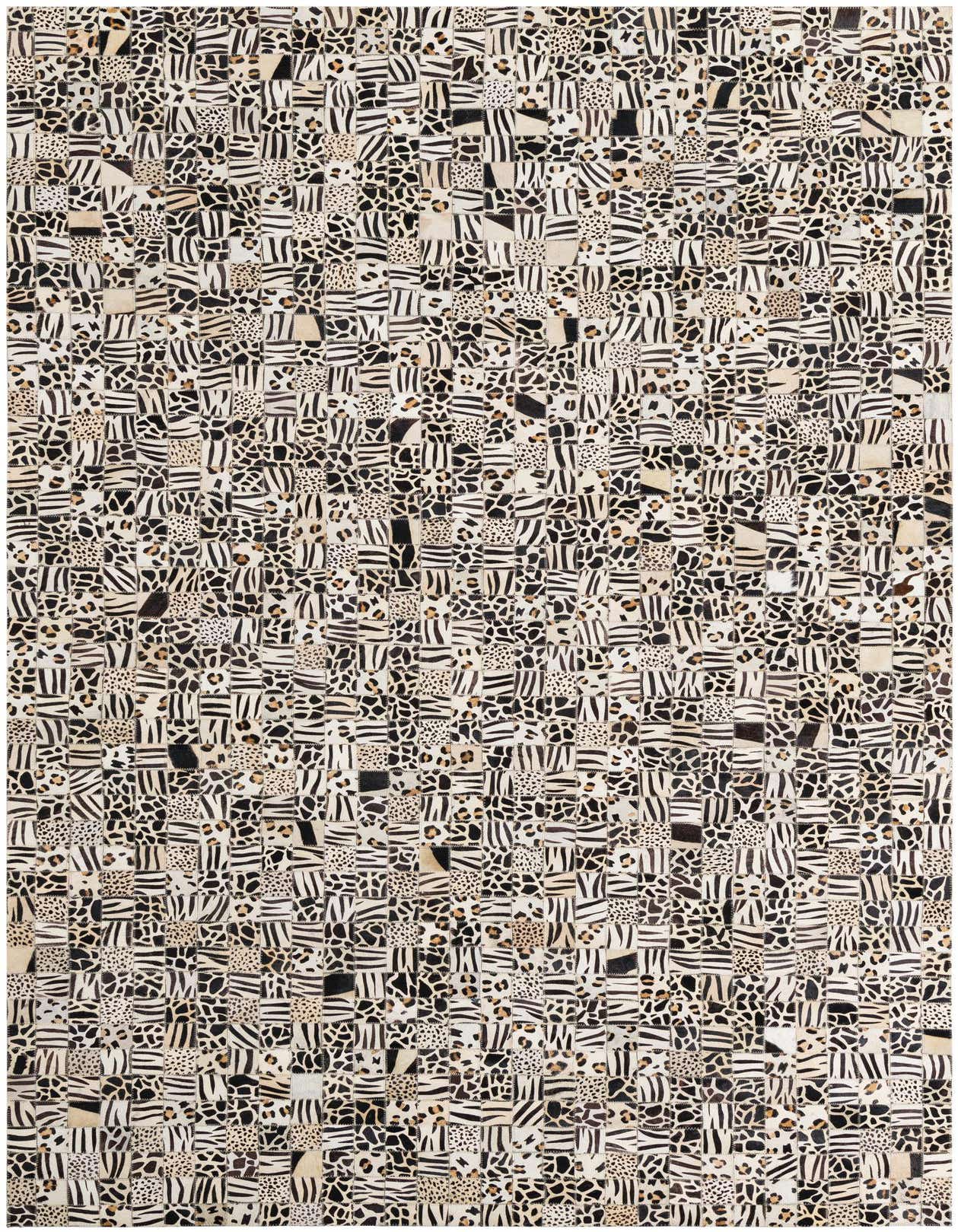 A 5x8 rectangular Cowhide & Leather rug featuring a modern patchwork of multi-colored animal prints, including zebra, leopard, and giraffe patterns.