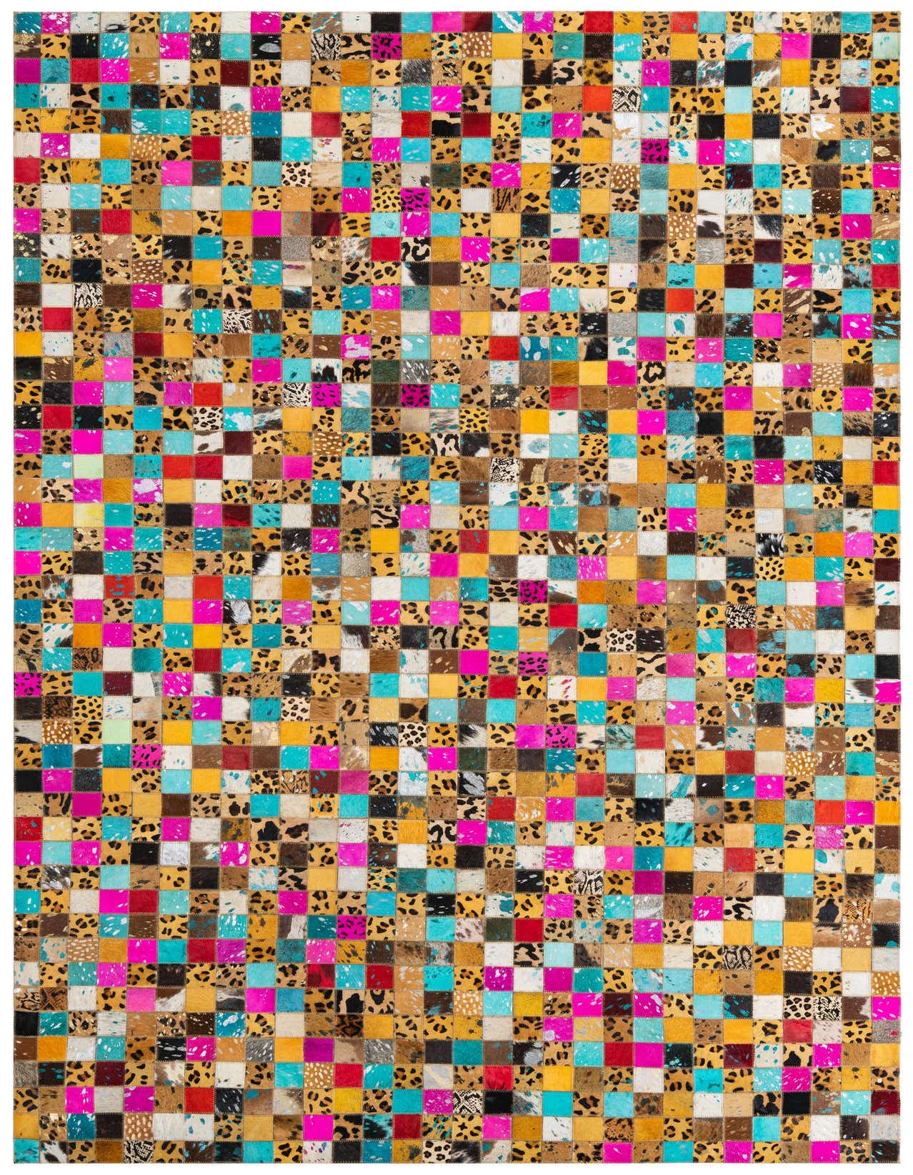 A 5x8 rectangular Cowhide Leather rug featuring a modern, abstract patchwork design in multi-colored squares, including leopard print, bright pink, and turquoise.