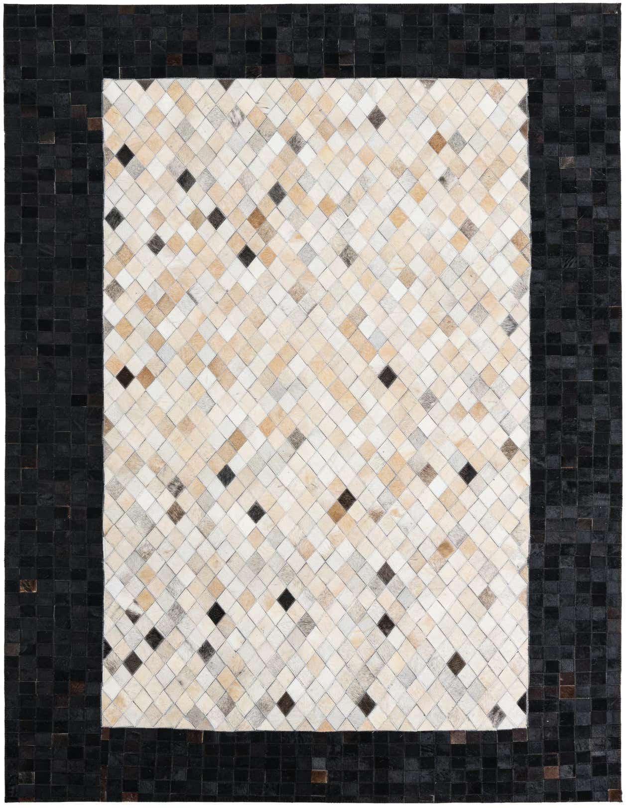 A 5x8 rectangular Cowhide Leather rug featuring a multi-colored diamond pattern center framed by a solid black border.
