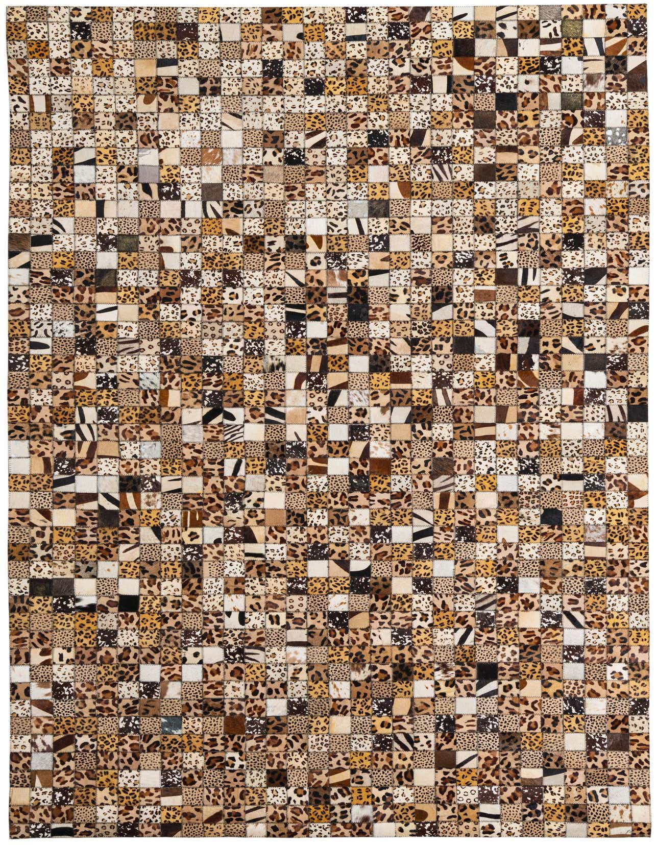 A 5x8 rectangular Cowhide Leather rug featuring a modern patchwork of multi-colored animal print squares, ideal for a living room.