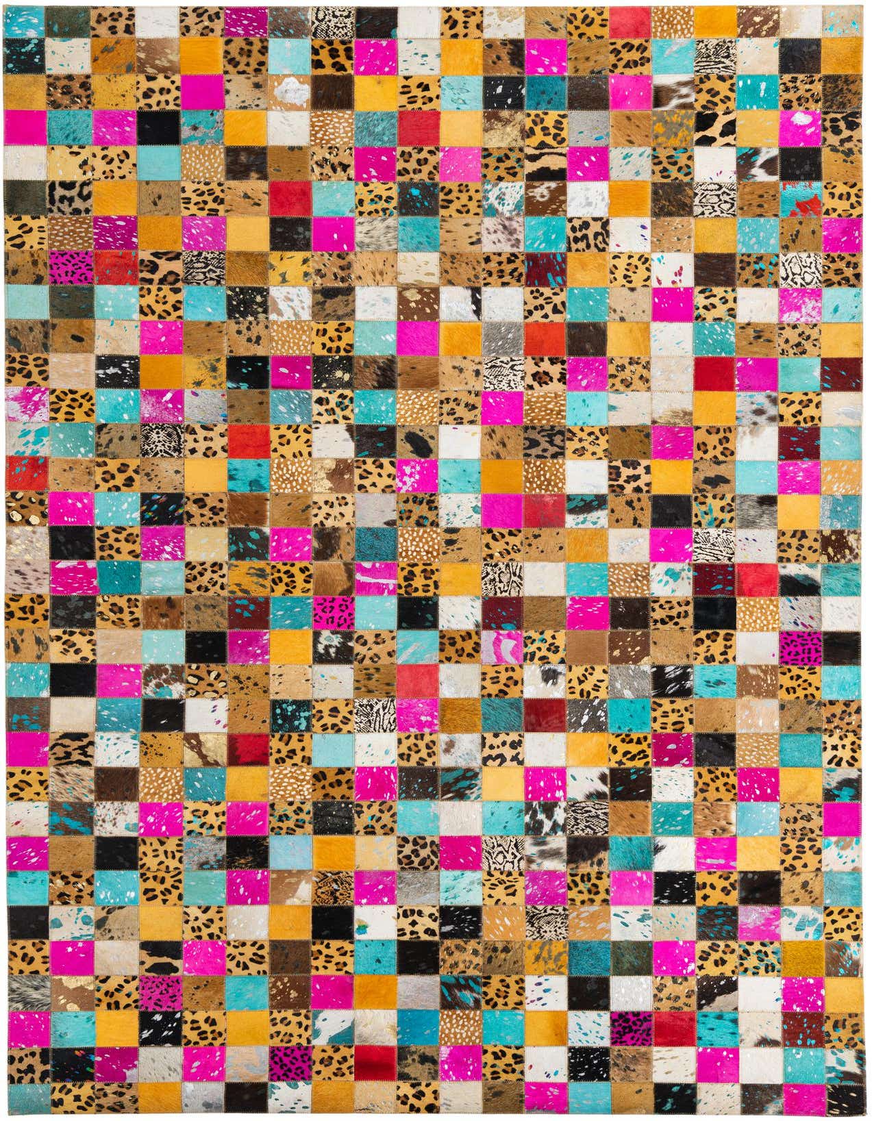 A vibrant 5x8 rectangular patchwork cowhide rug featuring squares of various animal prints, solid bright colors like fuchsia, teal, red, and yellow, and natural hide patterns.