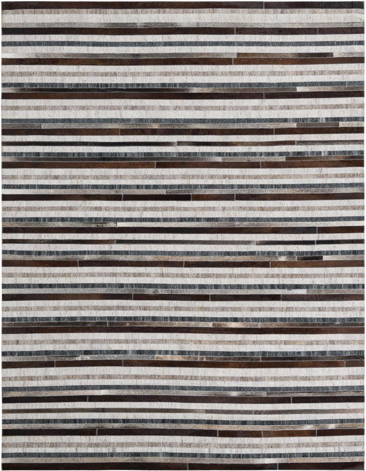 A 5x8 rectangular Cowhide Leather rug featuring horizontal stripes in varying shades of brown, black, grey, and cream, suitable for a living room.