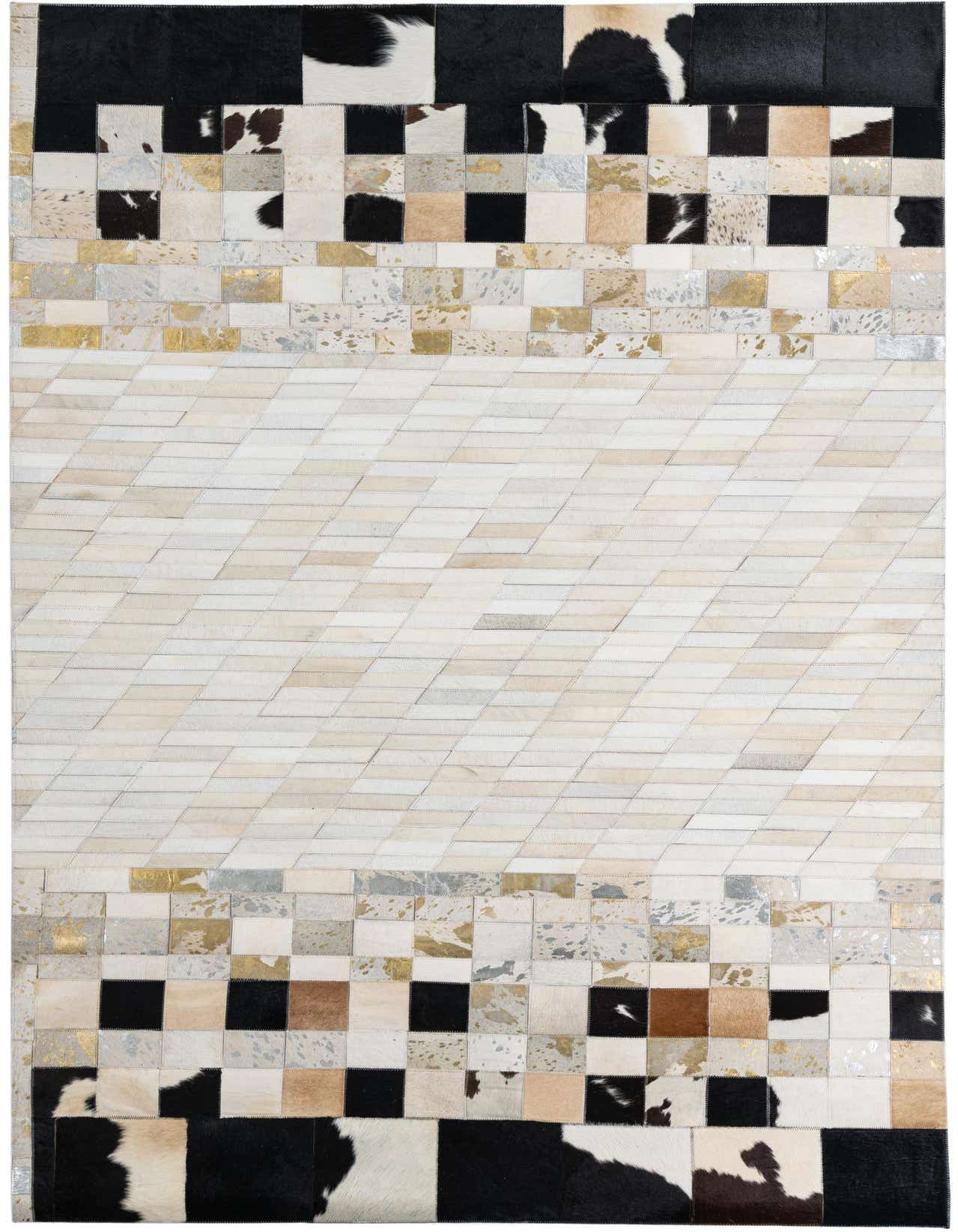 A rectangular 5x8 multi-colored cowhide and leather rug with a modern abstract pattern, featuring black, white, brown, beige, and metallic gold and silver patches.