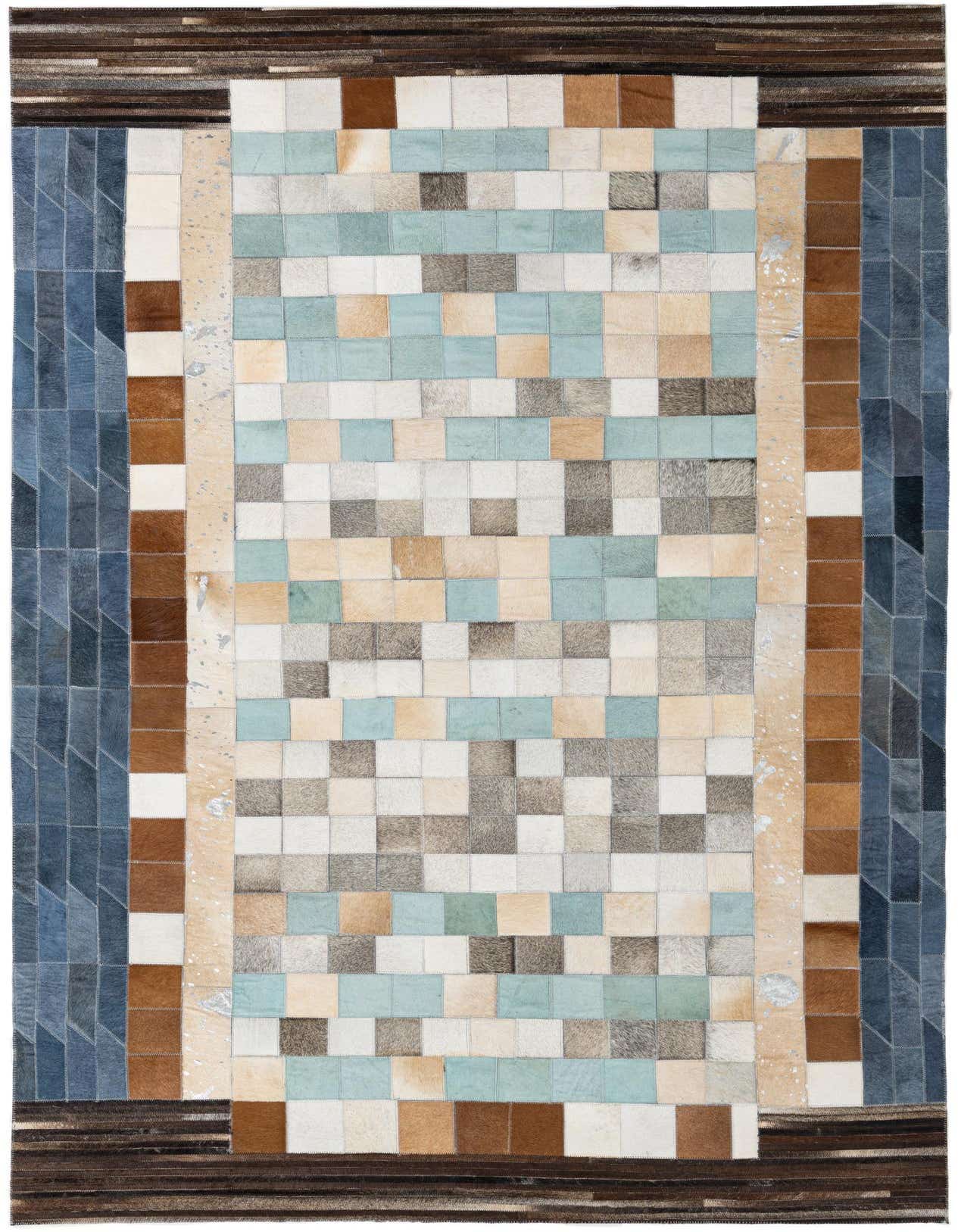 A 5x8 multi-colored rectangular modern rug made of cowhide and leather, featuring a central abstract patchwork of light blue, white, brown, and gray squares, bordered by solid brown and blue leather sections.