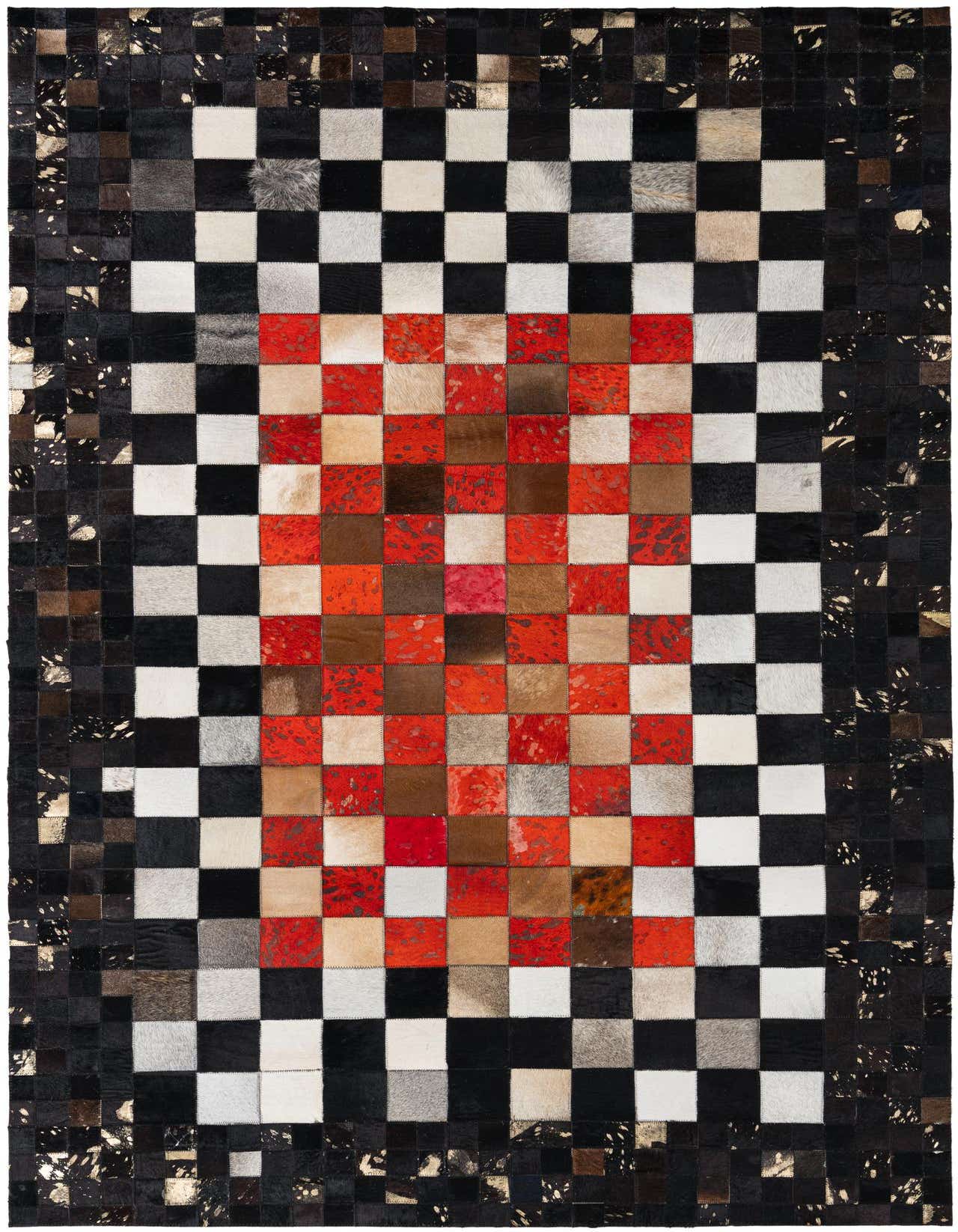 A 5x8 rectangular Cowhide Leather rug featuring a modern multi-colored checkerboard pattern with a central red and brown gradient, framed by black and white squares, and a dark border with gold accents.