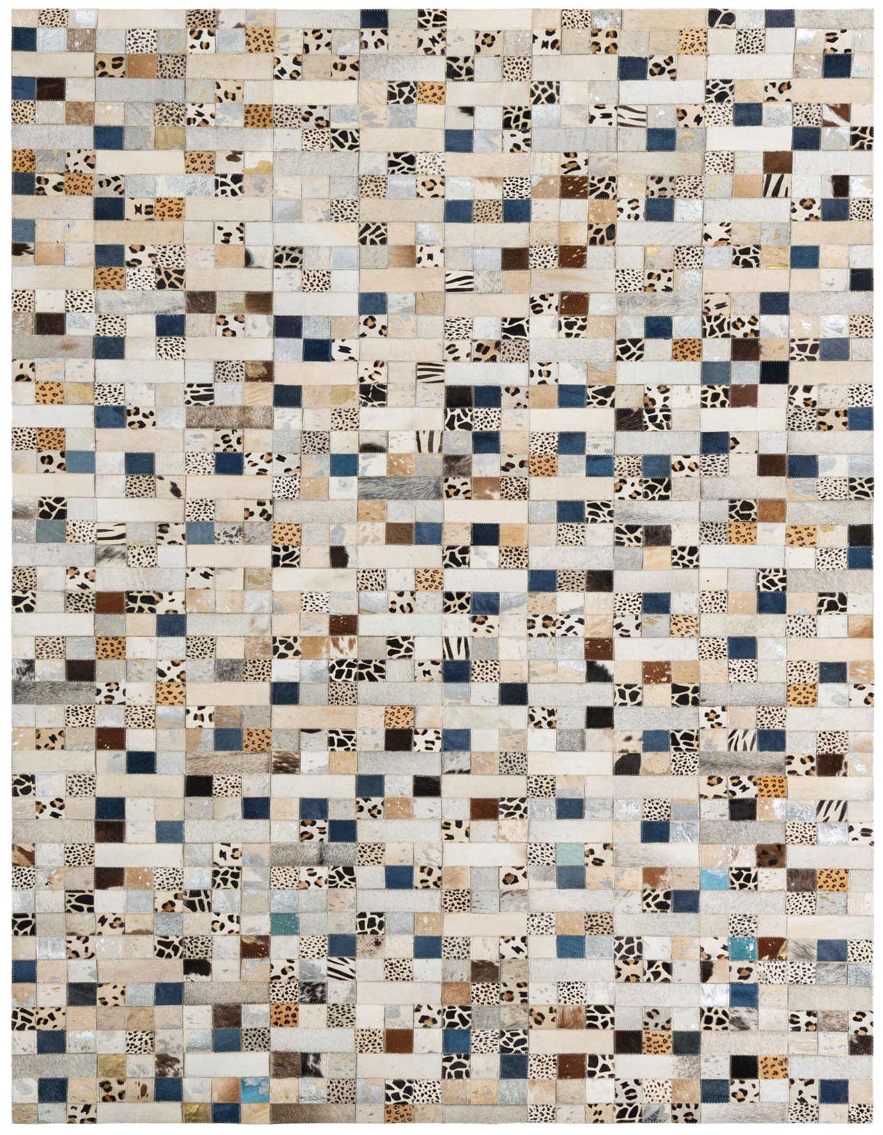 A 5x8 rectangular multi-colored cowhide and leather rug featuring a modern patchwork of animal prints and solid squares.