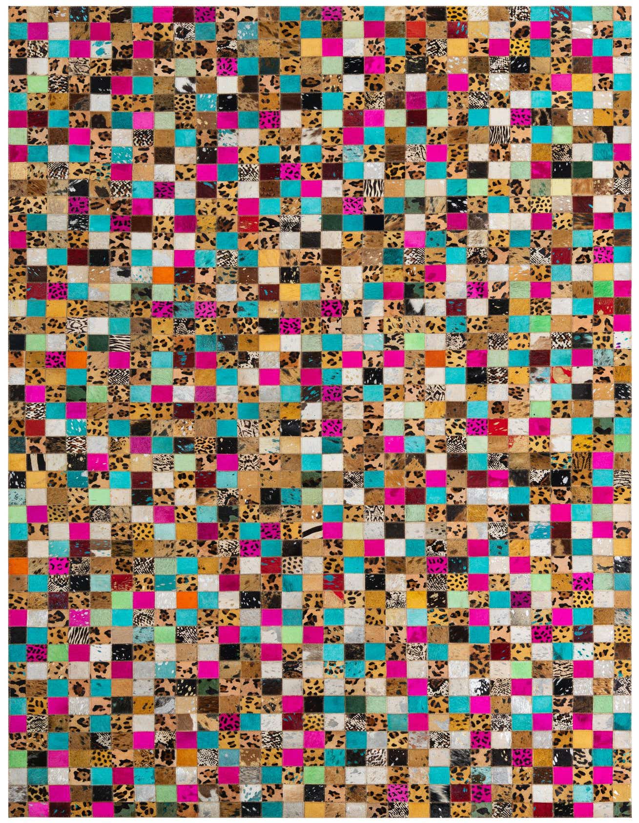 A 5x8 rectangular Cowhide & Leather rug featuring a modern, abstract patchwork of multi-colored squares, including animal prints and solid bright pink, turquoise, and various earth tones.