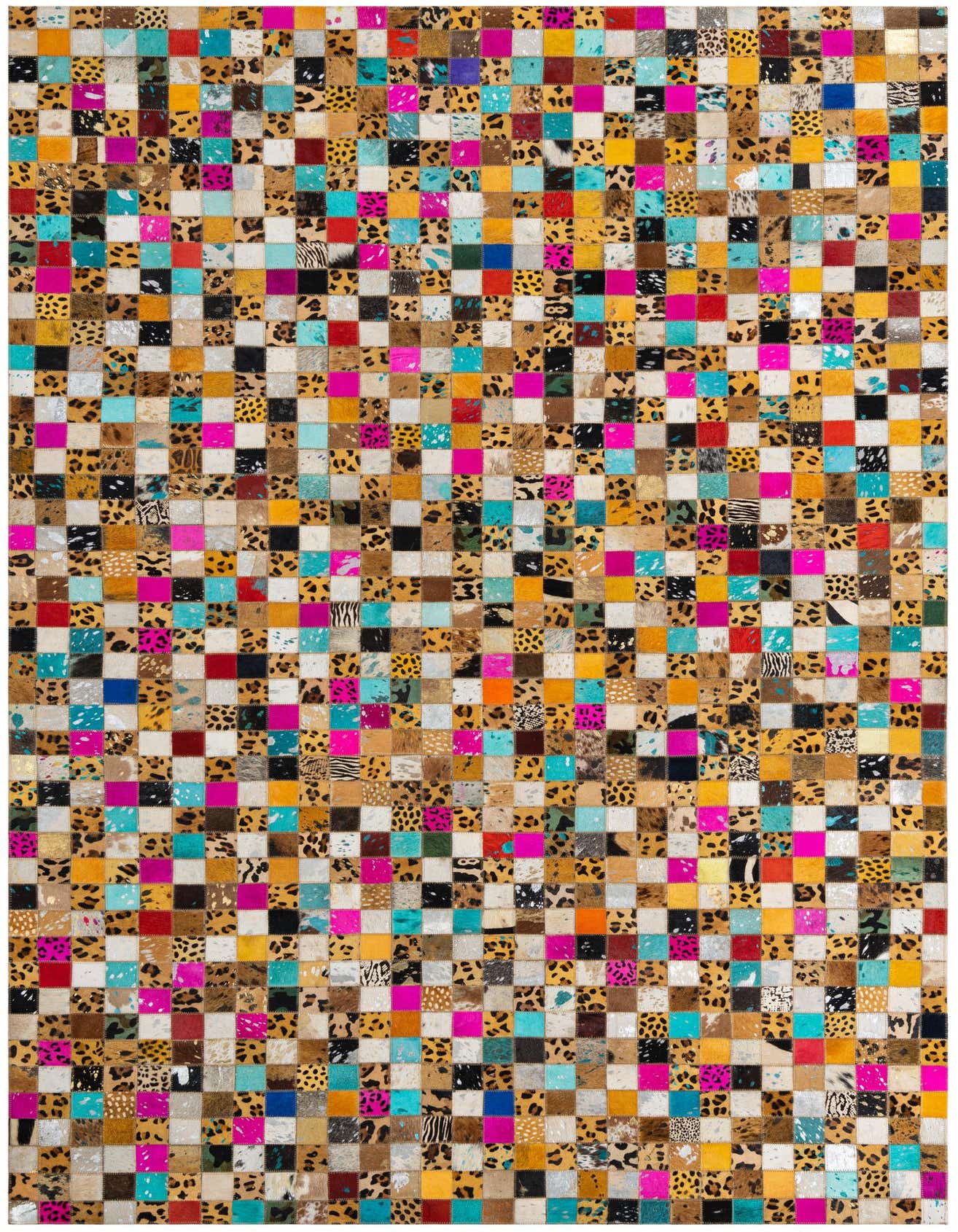 A vibrant 5x8 rectangular modern cowhide rug with a patchwork design, featuring multi-colored squares and animal print patterns.