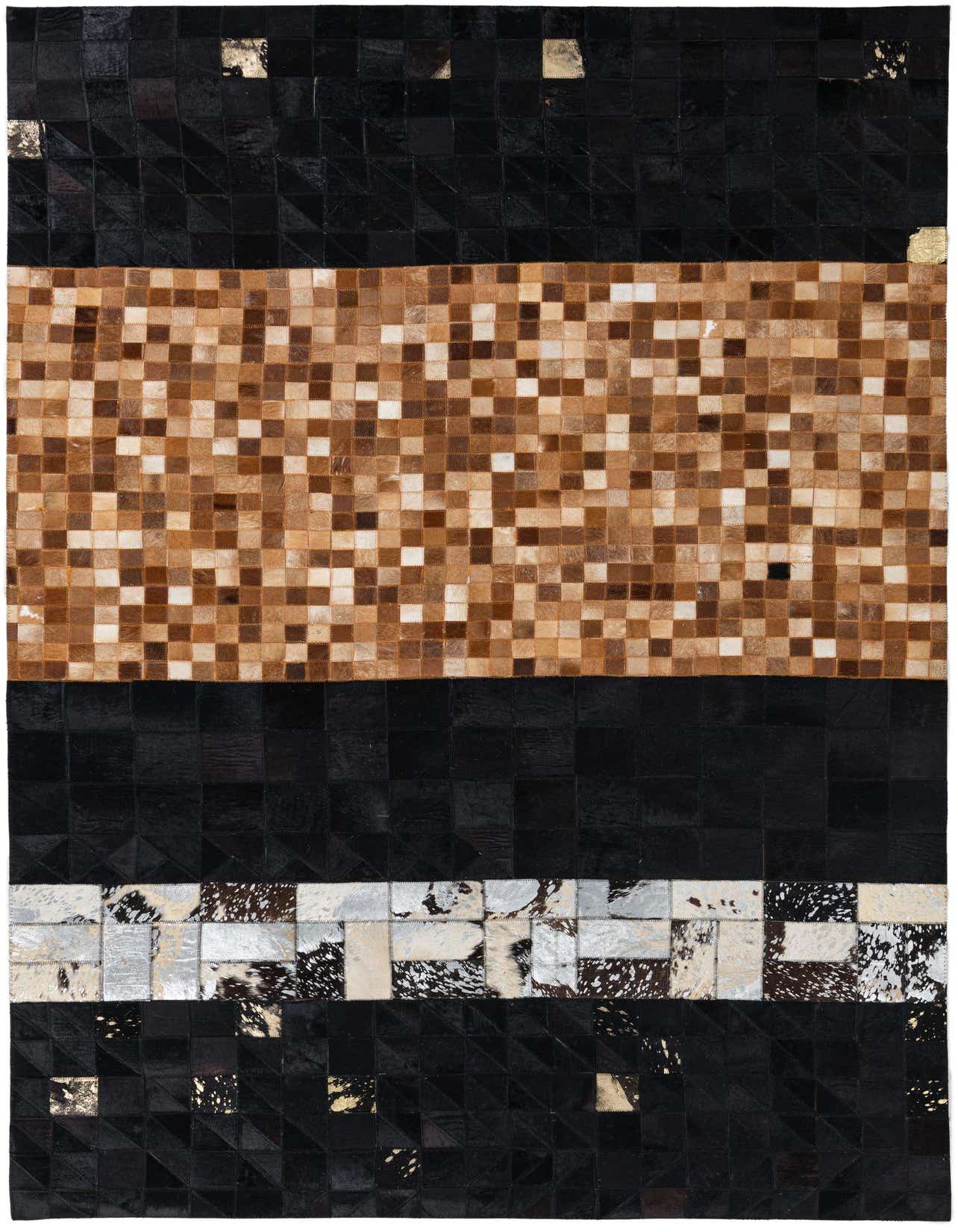A rectangular 5x8 abstract cowhide rug featuring bands of black, brown, and white with metallic gold accents.