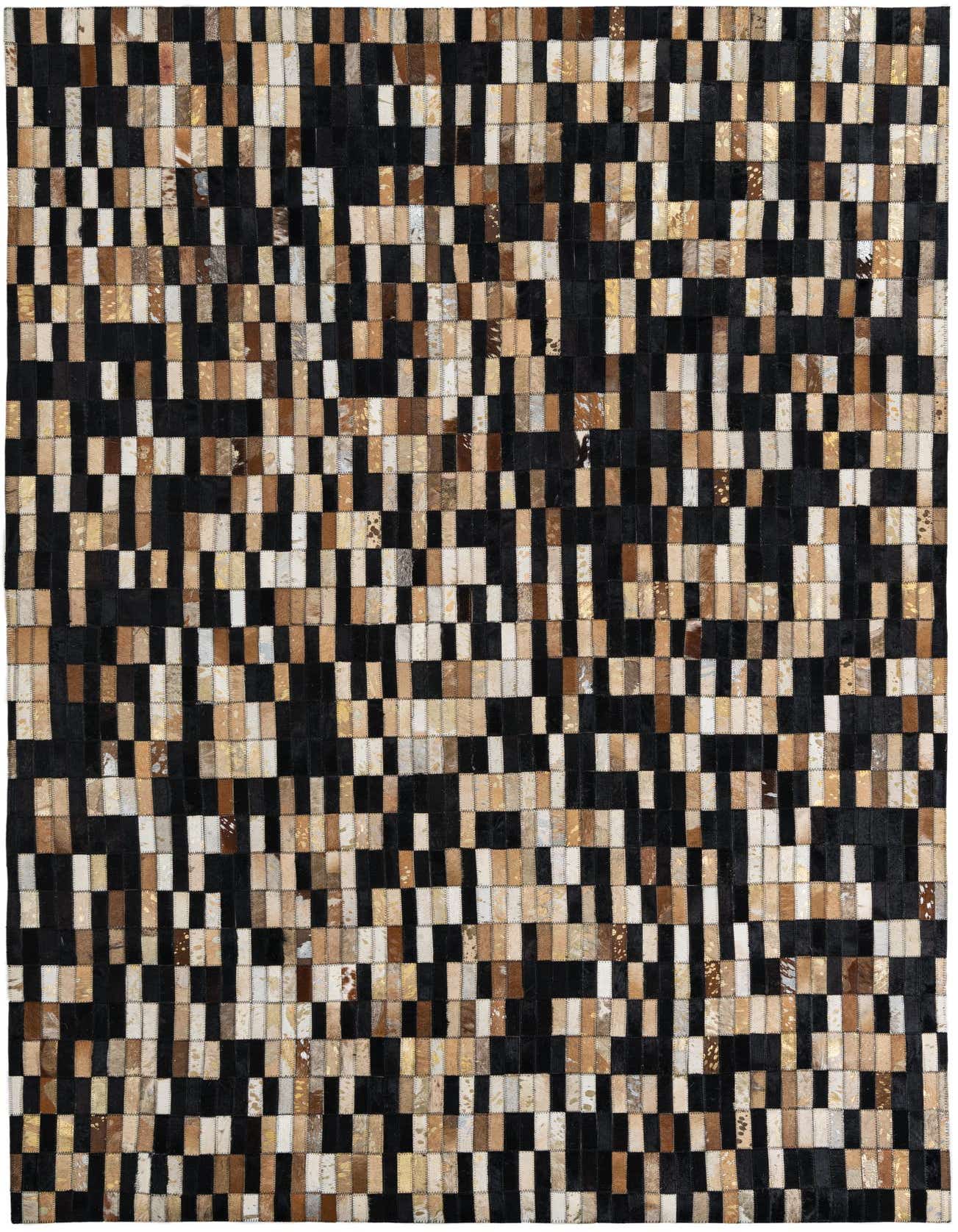 A 5x8 rectangular Cowhide Leather rug featuring a modern patchwork of multi-colored squares and rectangles in black, brown, and beige tones.