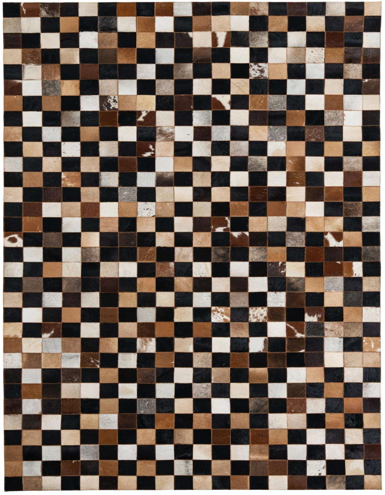 A 5x8 rectangular cowhide rug featuring a modern checkerboard pattern in black, white, and various brown tones.