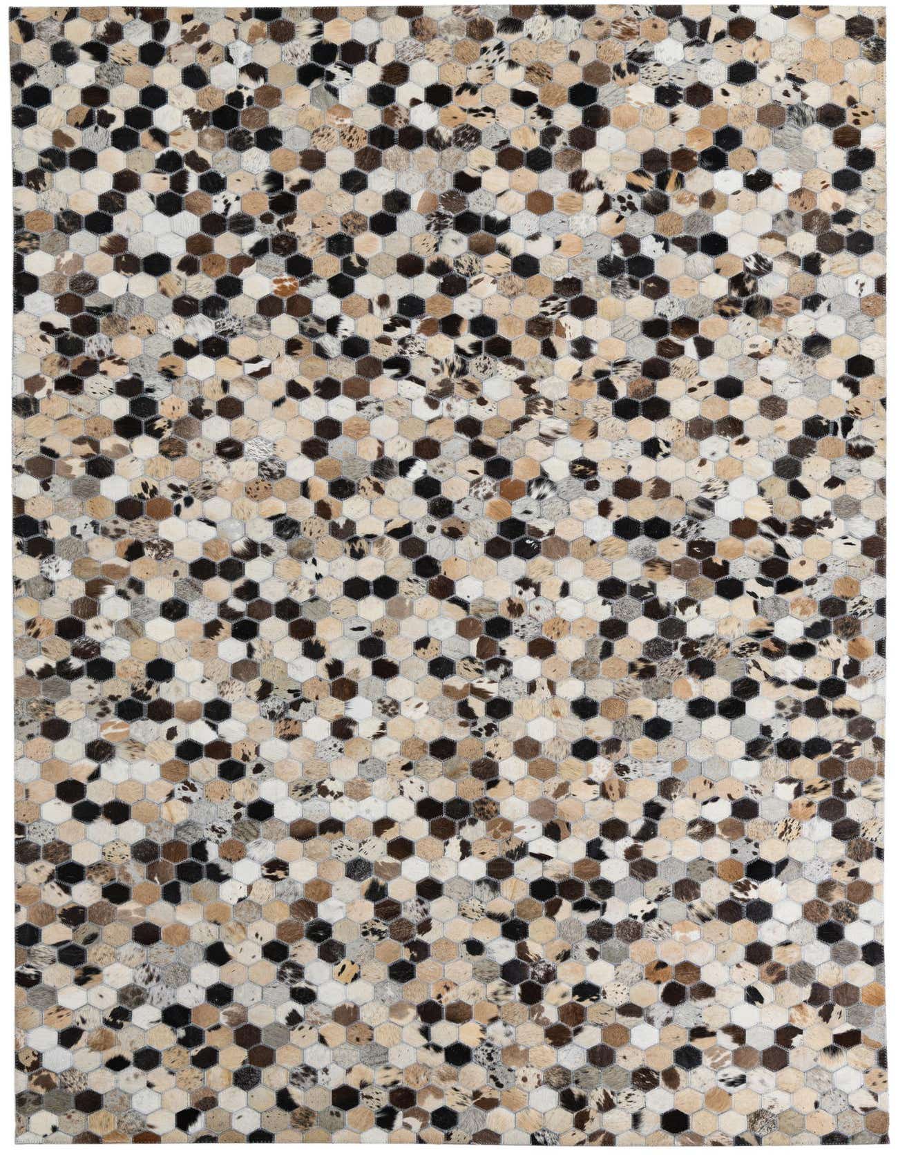 A 5x8 rectangular Cowhide Leather rug featuring a modern, abstract pattern of multi-colored hexagonal patches in black, brown, cream, and tan.