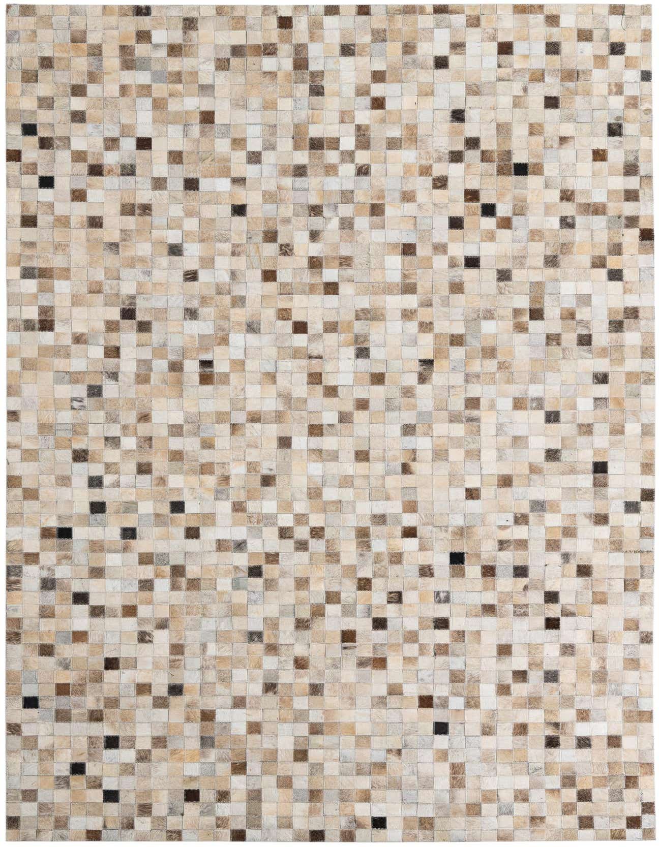 A 5x8 rectangular Cowhide Leather rug featuring a modern, abstract patchwork of multi-colored squares in varying shades of brown, beige, and cream.