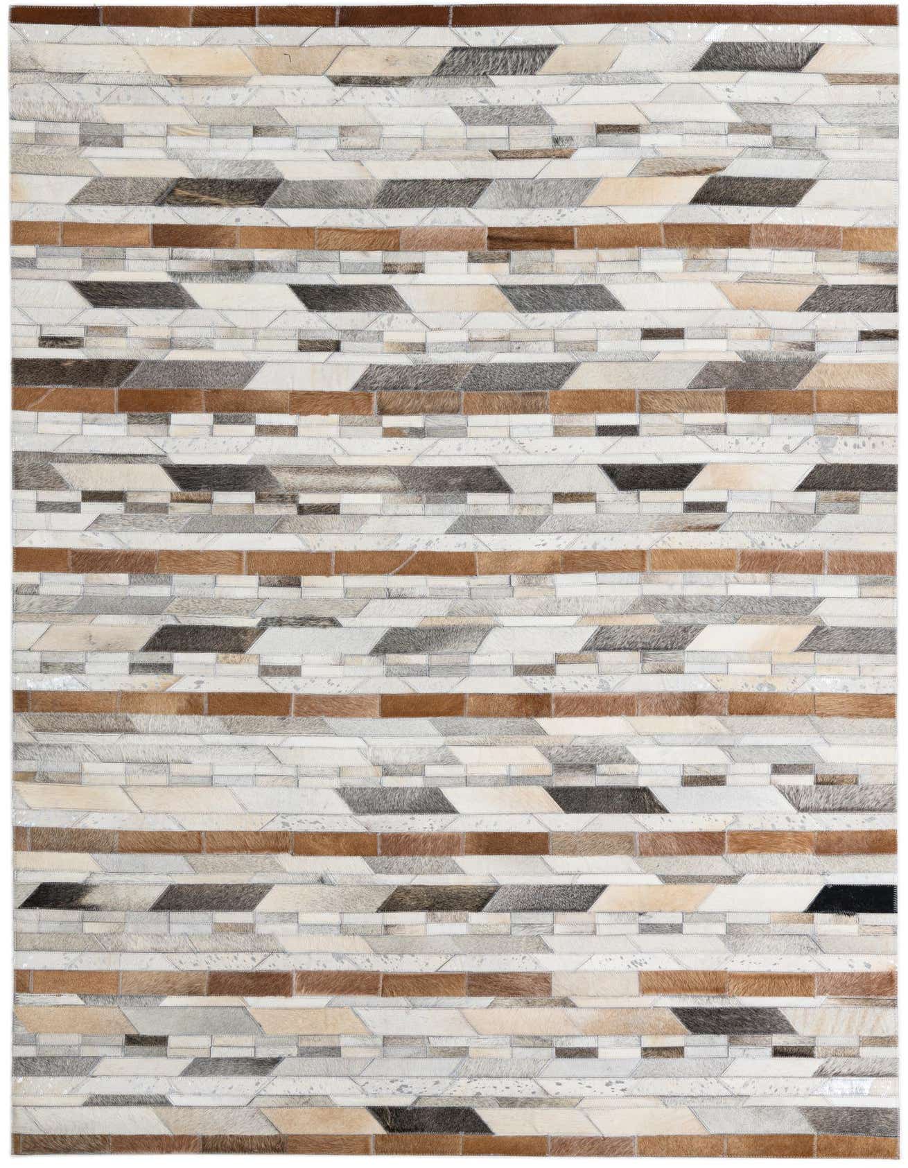 A 5x8 rectangular Cowhide & Leather rug featuring a modern stripe pattern in multi-colored natural tones.