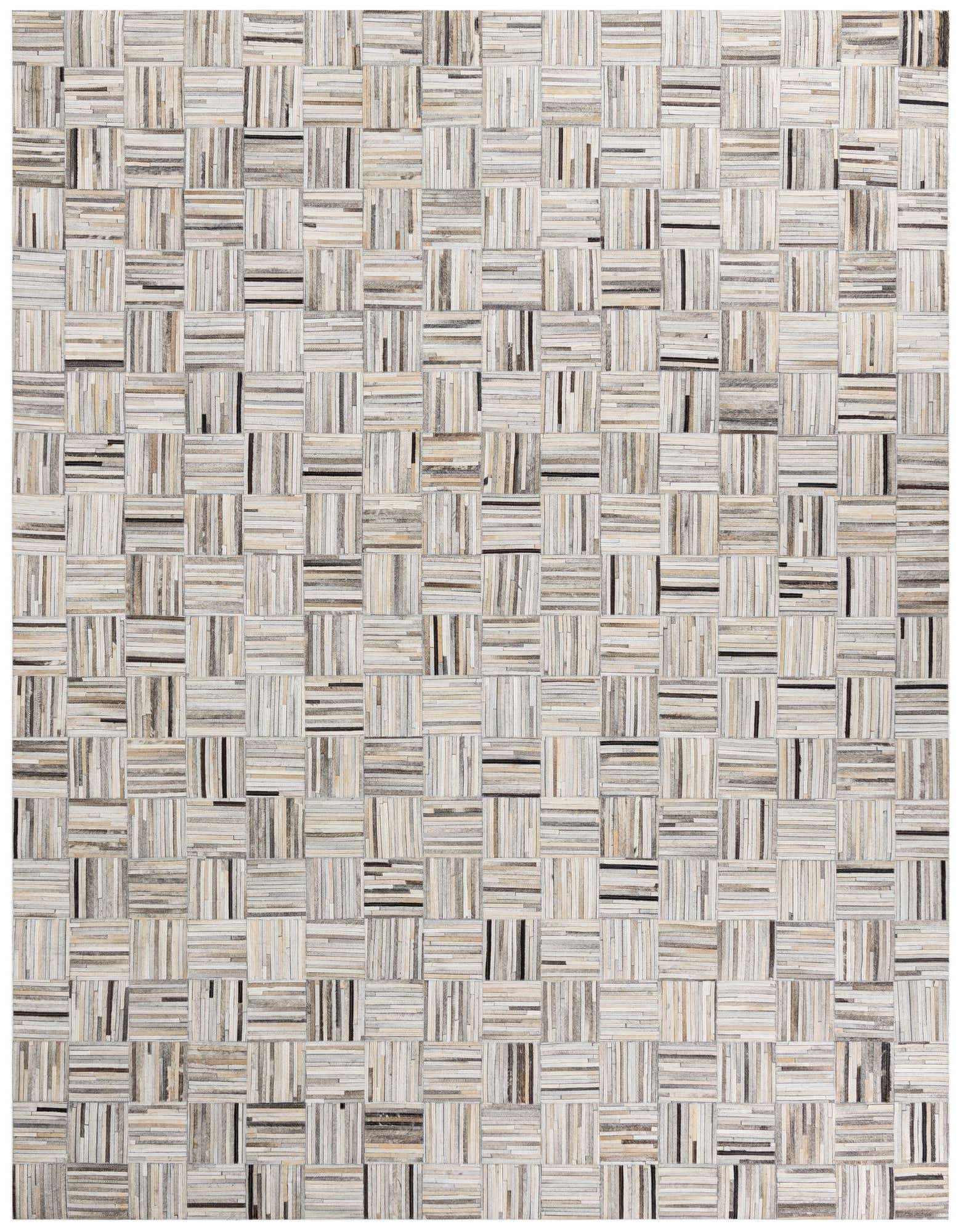 A rectangular 8x10 Cowhide Leather rug featuring a modern striped patchwork pattern in multi-colored natural tones.