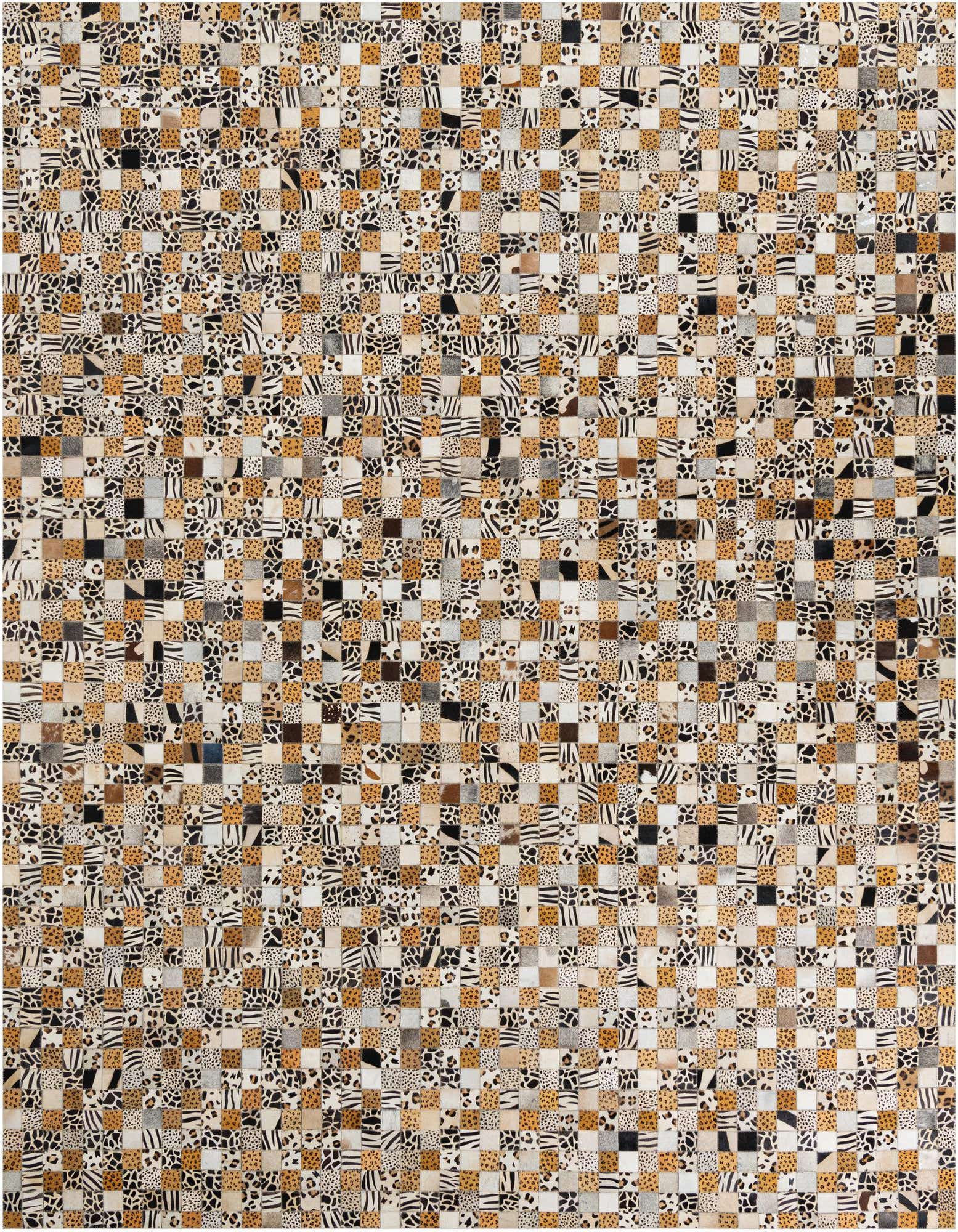 A rectangular 8x10 multi-colored modern rug featuring a patchwork of cowhide and leather squares with various animal prints like leopard, zebra, and cheetah.