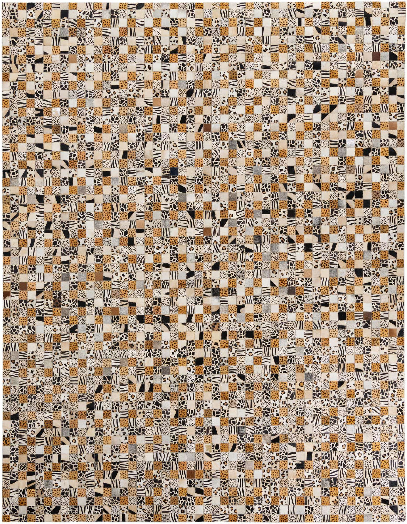 A rectangular 8x10 multi-colored modern rug made from cowhide and leather, featuring a patchwork of animal prints like leopard, zebra, and cheetah, ideal for a living room.